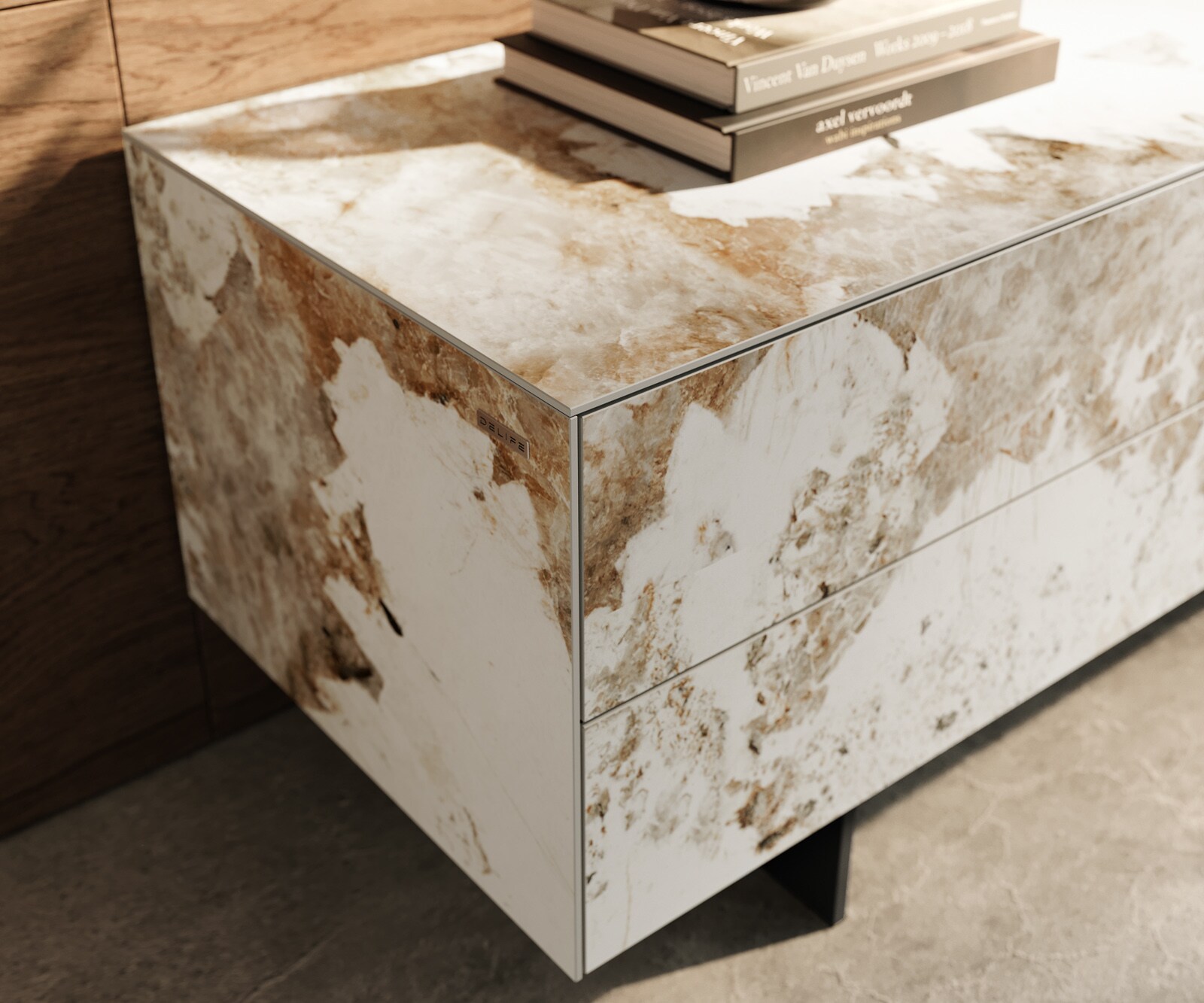 Meuble-TV Cuor 180 cm Céramique Minas Melange Blanc-beige 1 Clapet 2 Tiroirs Pied optique flottant Métal Noir 5