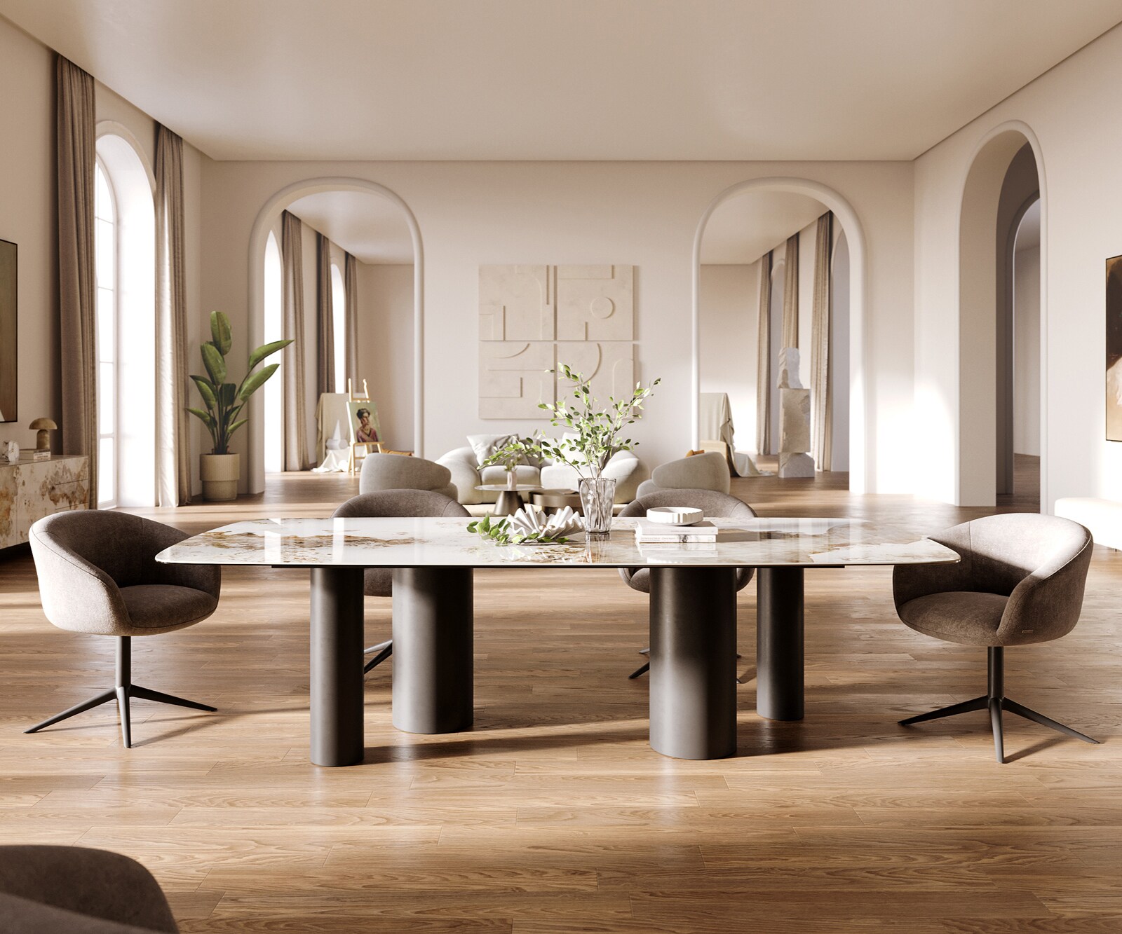 Table à manger Edge Boot 260x120 cm Céramique Minas Melange Blanc-Beige Pilier Métal Noir 1