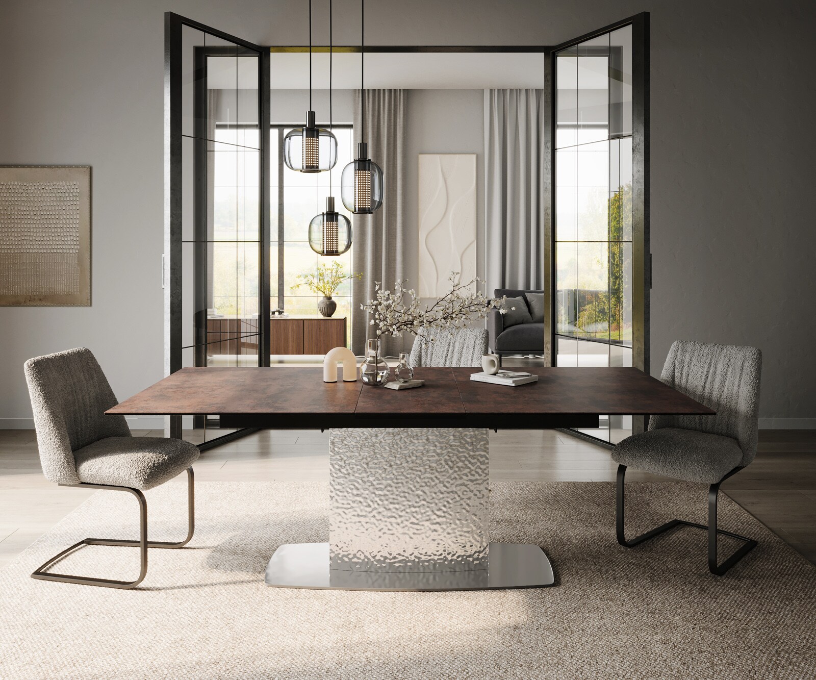 Table de salle à manger Edge 180-220x90 verre antique-brun Wave inox extensible 2