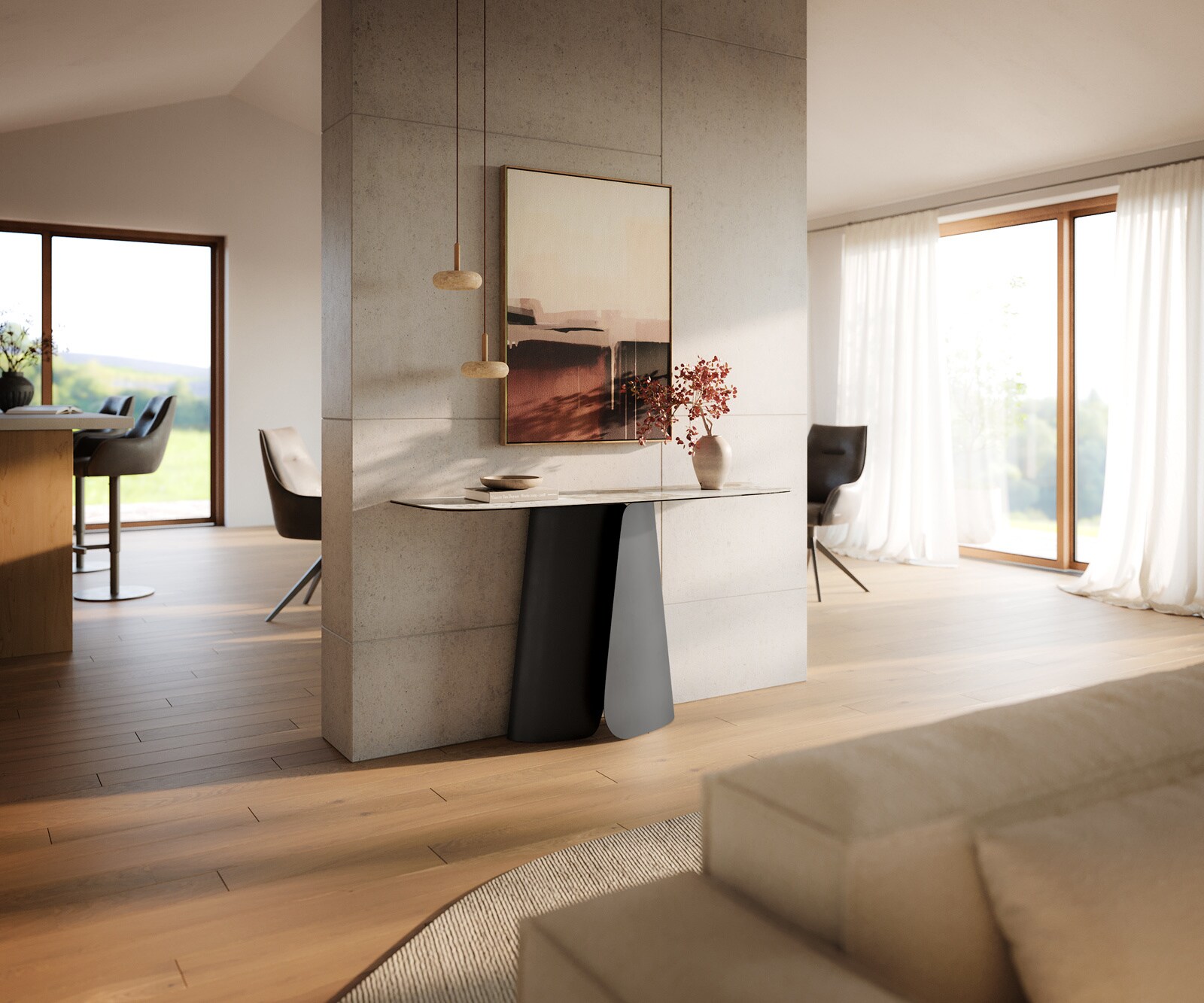 Console Edge forme bateau 140x40 cm Céramique Minas Melange Weiß-Beige Livos Métal Noir 6