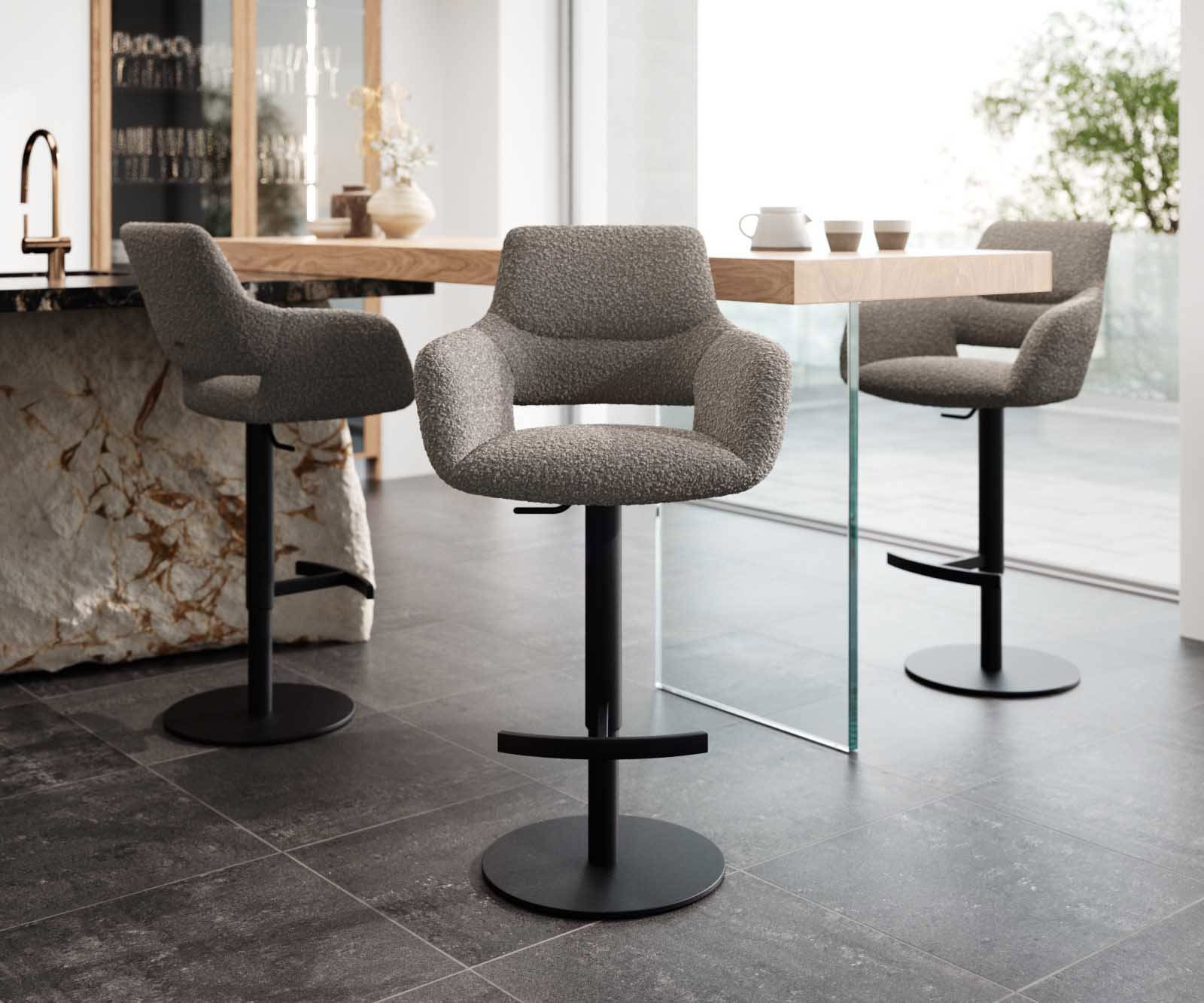 Chaise-de-bar Yago-Flex Bouclé gris argenté Pied pivotant réglable en hauteur Métal noir pivotant Ressorts ensachés 2
