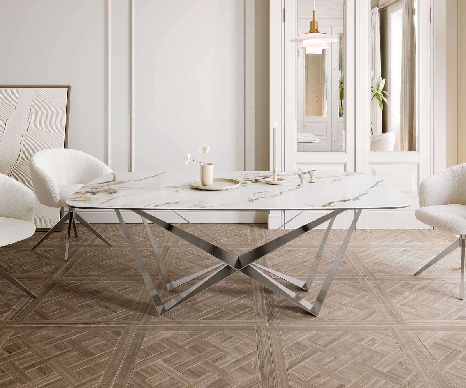 Table à manger Edge en forme de bateau 200x100 céramique Calacatta Luxe blanc-doré-gris Spider acier plat acier inoxydable 2 Table à manger Edge en forme de bateau 200x100 céramique Calacatta Luxe blanc-doré-gris Spider acier plat acier inoxydable 2