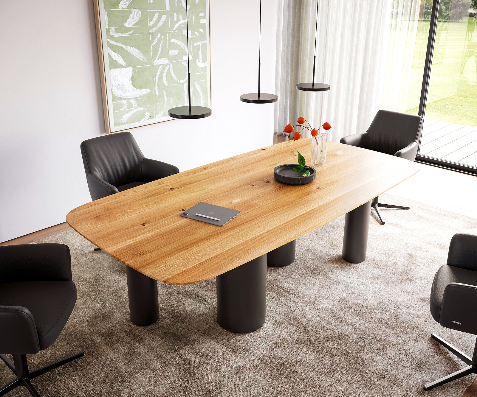 Table à manger Edge Boot 240x120x2,5-3 chêne naturee Pilier métal noir bord suisse