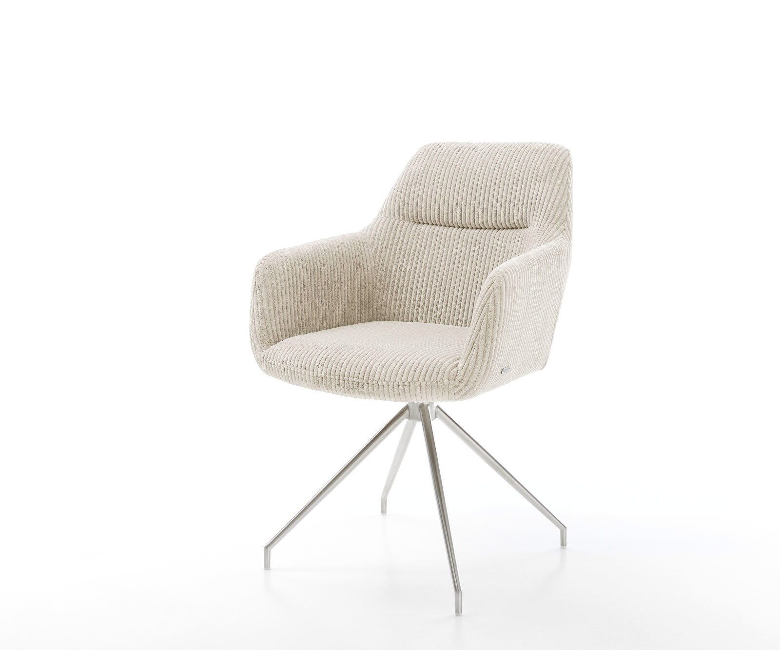 Chaise-de-salle-à-manger Pejo-Flex côtelé beige vintage pied croisé conique acier inoxydable brossé ressorts ensachés