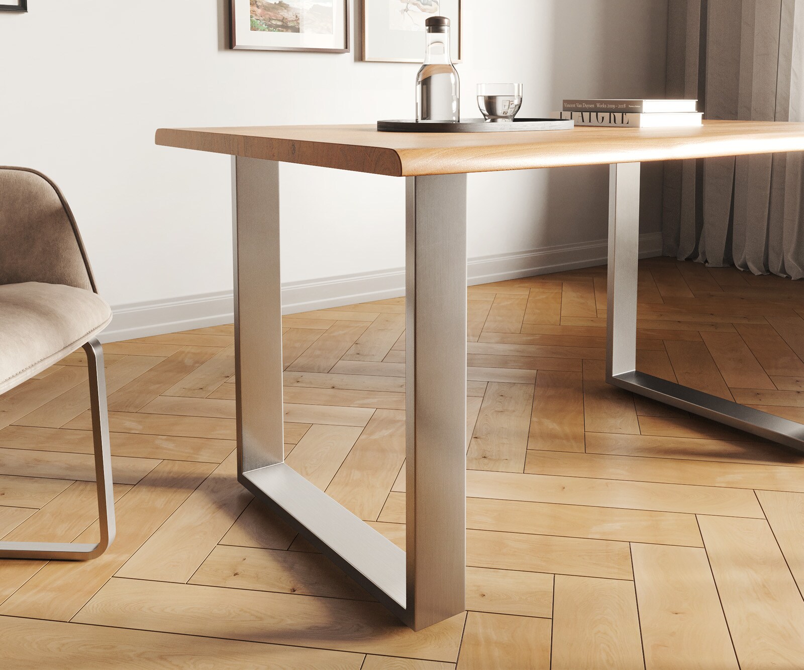 Table-à-manger Edge 140x90 acacia nature acier inoxydable mince Live-Edge 4