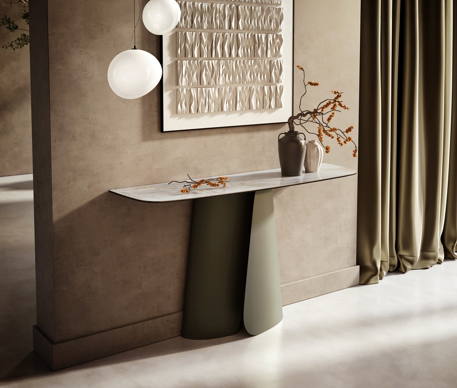 Console Edge forme bateau 140x40 cm Céramique Onyx Pearl Livos Métal Effektfinish Titan 4