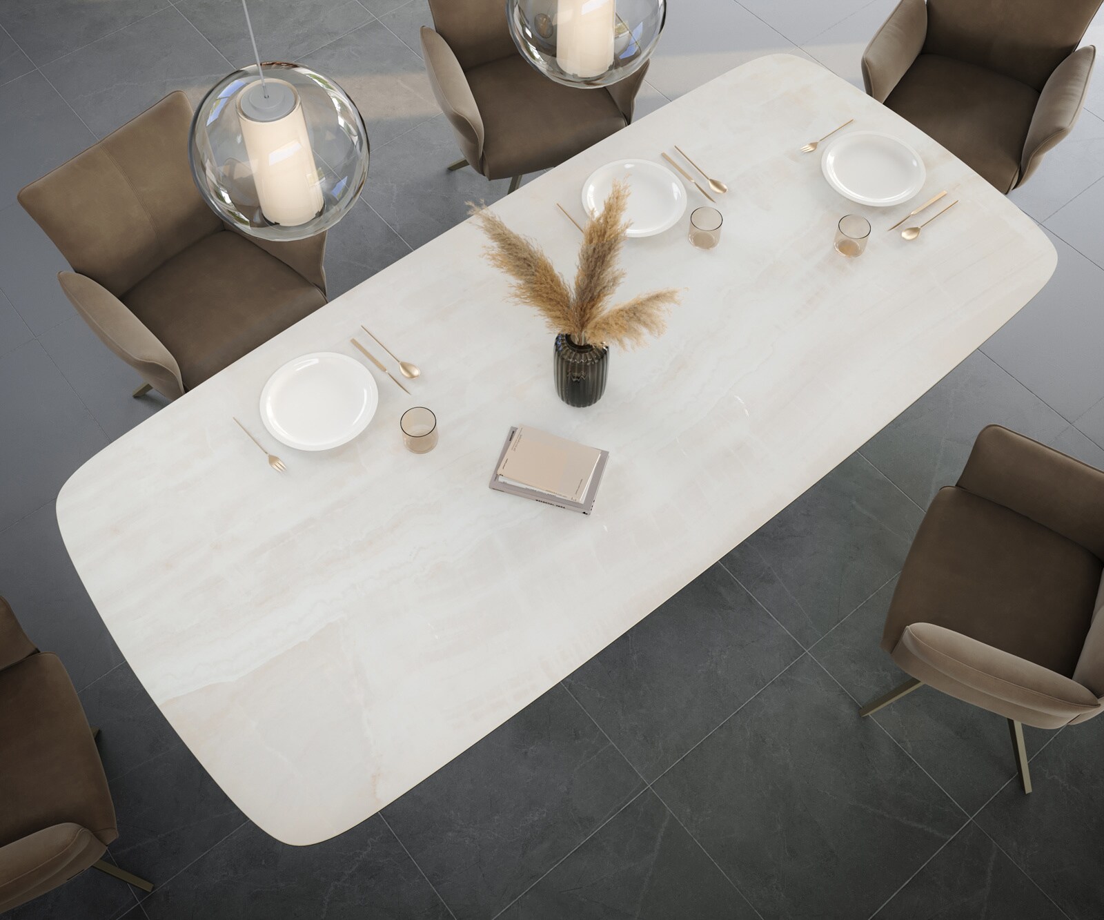 Table à manger Edge Boot 260x120 cm Céramique Onyx Champagne piètement en W Métal Finition effet Titan 4