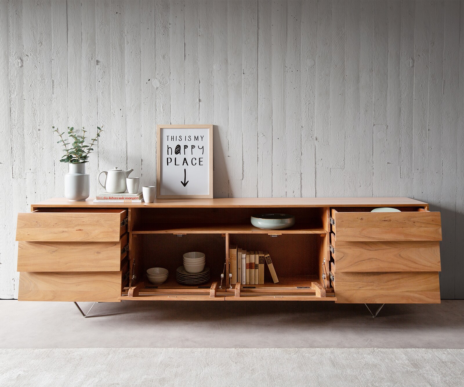Buffet Eloi 240x40 cm acacia naturel 2 portes 6 tiroirs pied en V inox 3