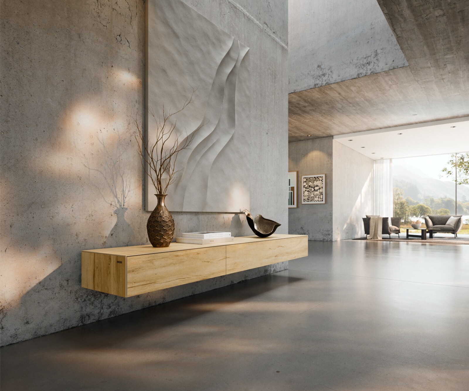 Meuble-TV Cuor 200 cm Céramique Laminam® Sabbia Teinte chêne 1 Clapet 1 Tiroir Flottant