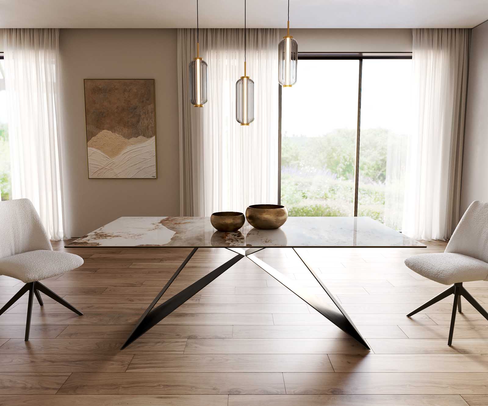 Table à manger Edge 200x100 céramique Minas mélange blanc-beige cadre en V acier plat noir 1