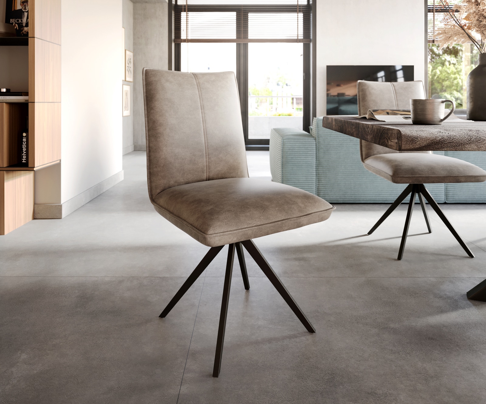 Chaise-de-salle-à-manger Lelio-Flex microvelours taupe vintage pied croisé large noir ressorts ensachés Chaise-de-salle-à-manger Lelio-Flex microvelours taupe vintage pied croisé large noir ressorts ensachés