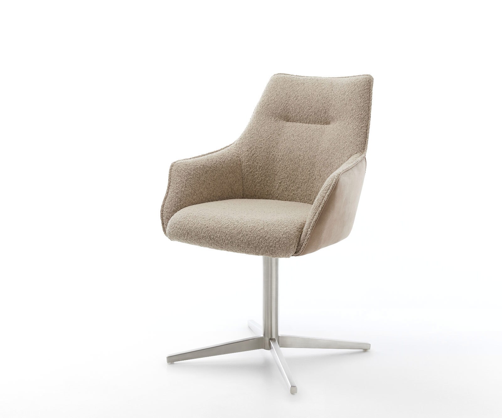 Chaise-pivotante Alja-Flex avec accoudoirs tissu mixte couleur boue pied de chaise 4 branches acier inoxydable brossé pivotement sur 360° ressorts ensachés