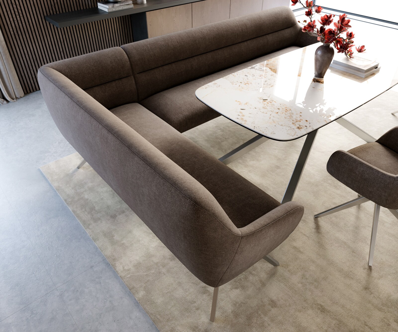Banc-de-salle-à-manger Taya-Flex 285x190 cm tissu structuré doux taupe pied croisé angulaire acier inoxydable ressort ensaché liens 4