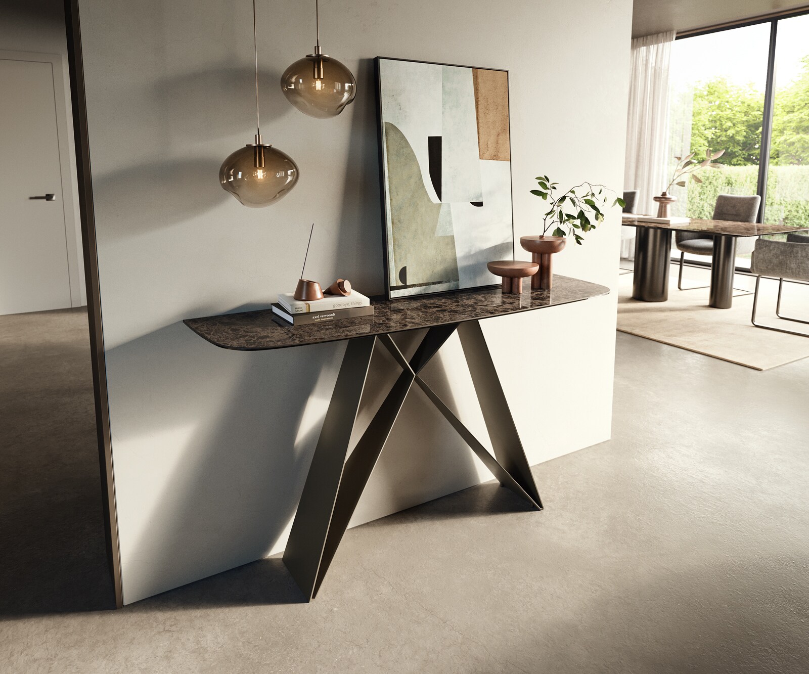 Console Edge forme bateau 140x40 cm Céramique Emperador Extra Lucidato Dunkelbraun Velio Métal Effektfinish Titan 3