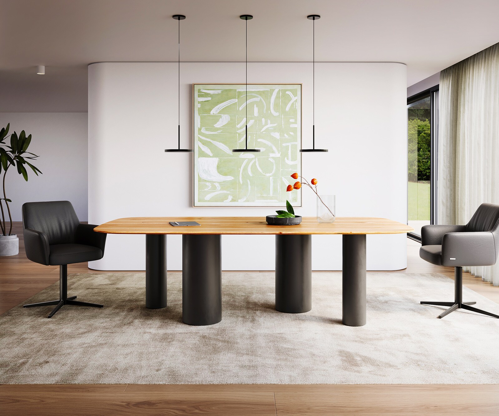 Table à manger Edge Boot 240x120x2,5-3 chêne naturee Pilier métal noir bord suisse 1