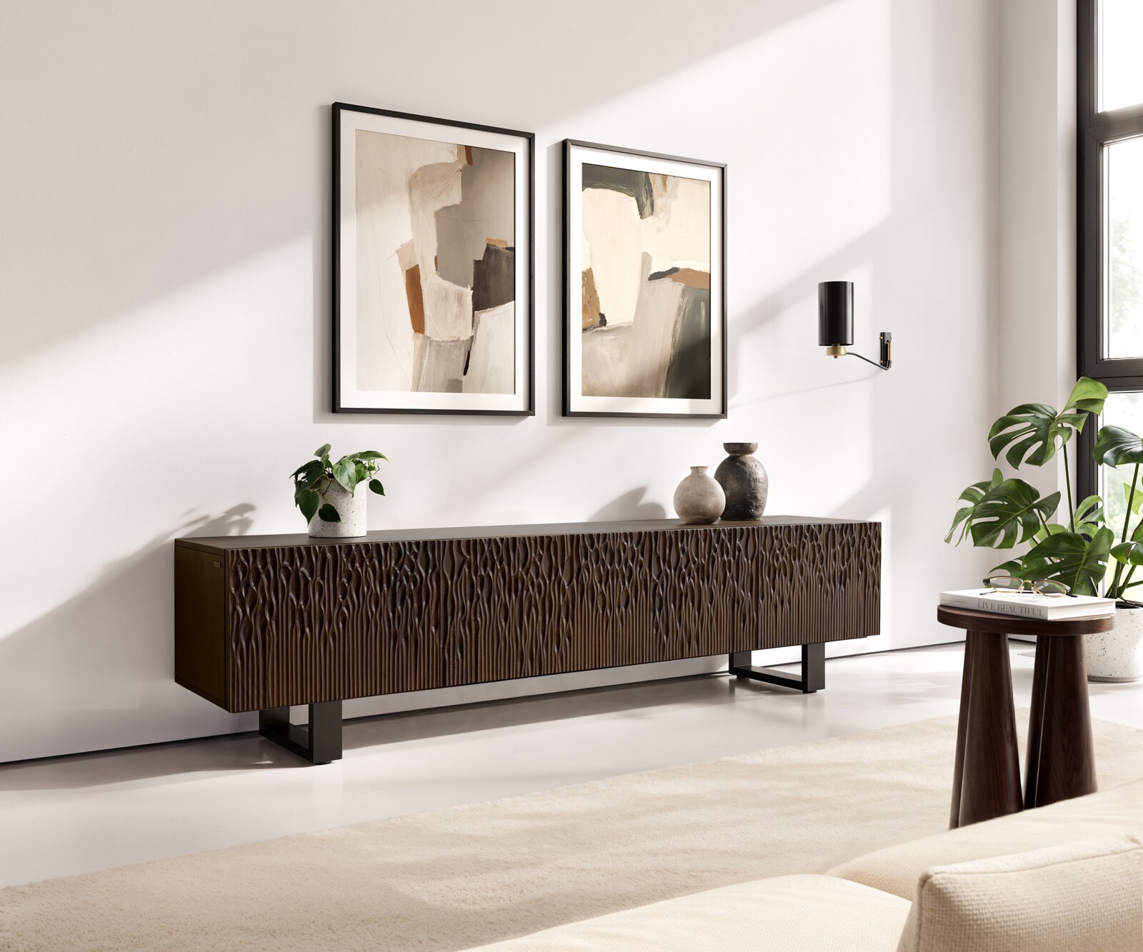 Meuble-TV Follia 200 cm brun manguier 4 portes patins métal noir 1