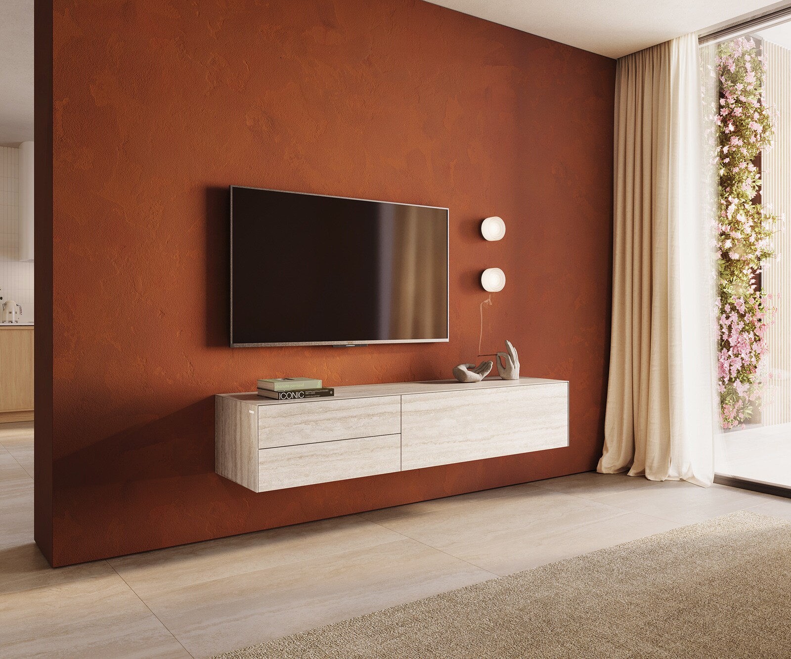 Meuble-TV Cuor 180 cm Céramique Laminam® Travertino Bianco Crème-blanc 1 Clapet 2 Tiroirs Flottant