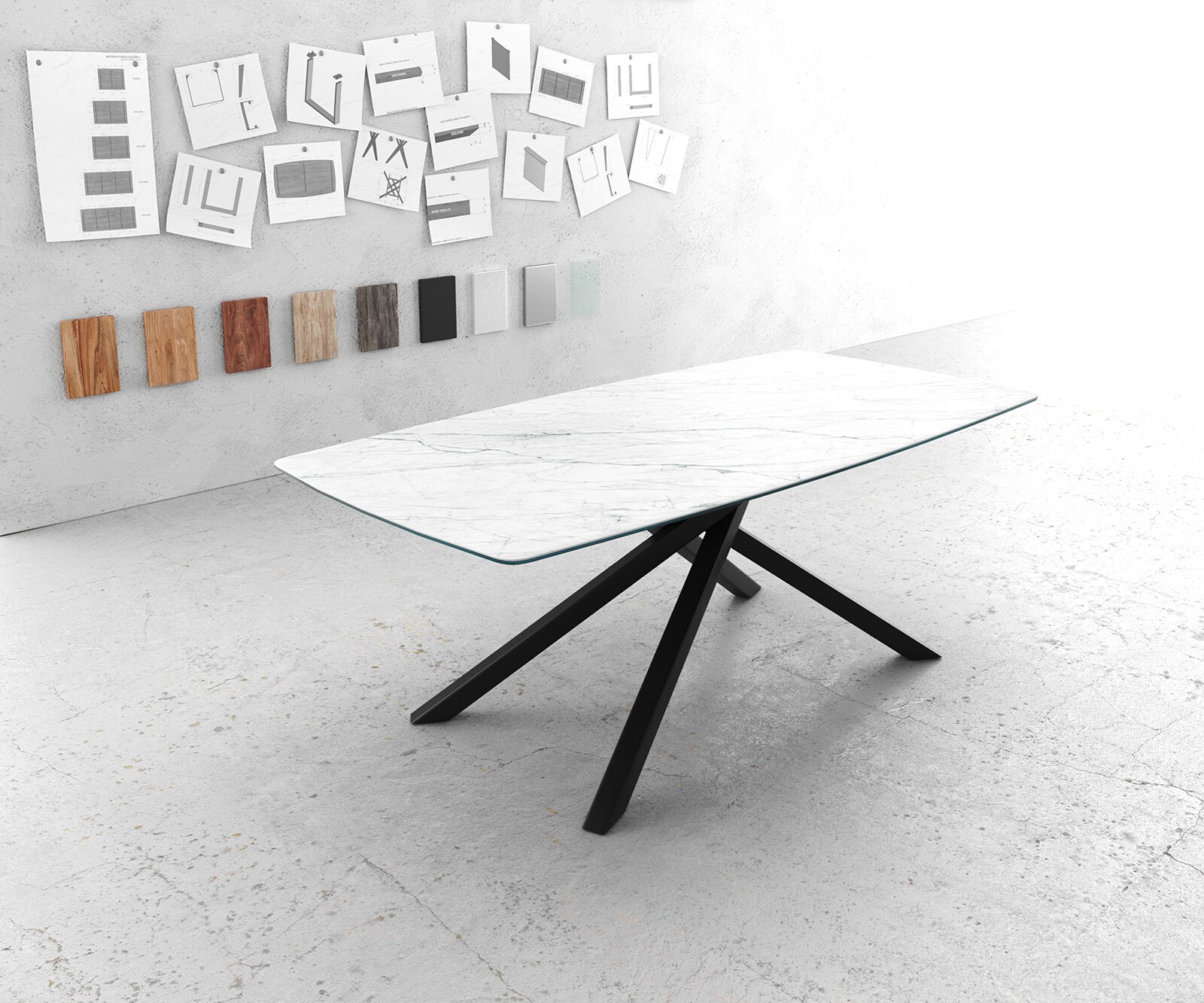 Table-à-manger Edge forme Boot 200x100cm Laminam® céramique blanc pieds milieu croisé noir Table-à-manger Edge forme Boot 200x100cm Laminam® céramique blanc pieds milieu croisé noir