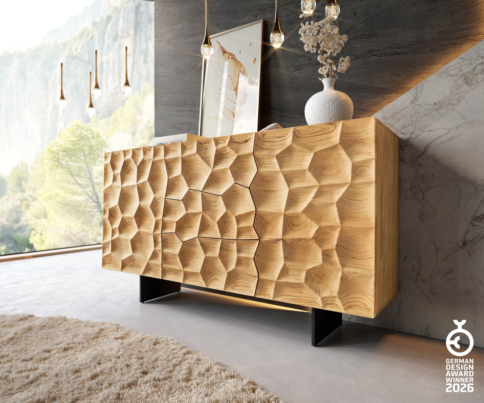 buffet Solu 145 cm en chêne naturel 2 portes 3 tiroirs pieds profilés métal noir face avant 3D