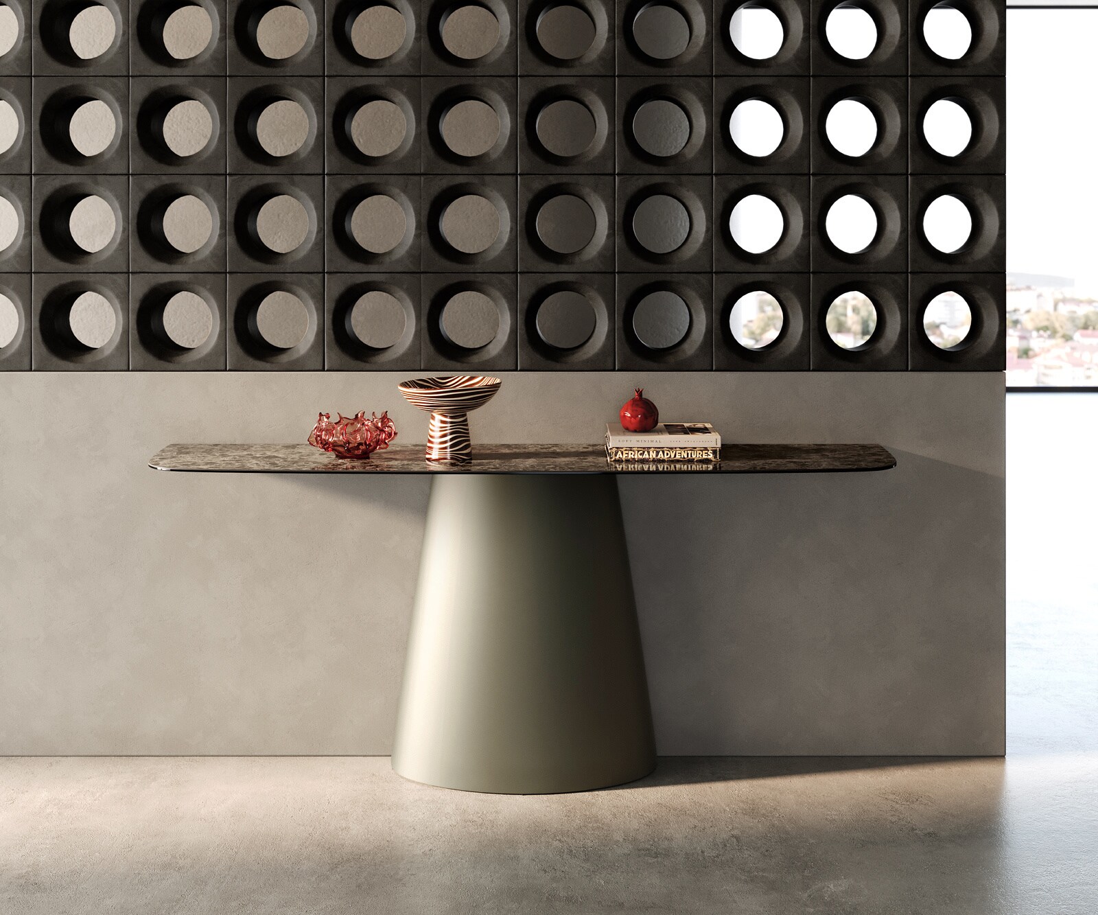 Console Edge forme bateau 180x40 cm Céramique Emperador Extra Lucidato Dunkelbraun Conos Métal Effektfinish Titan 4