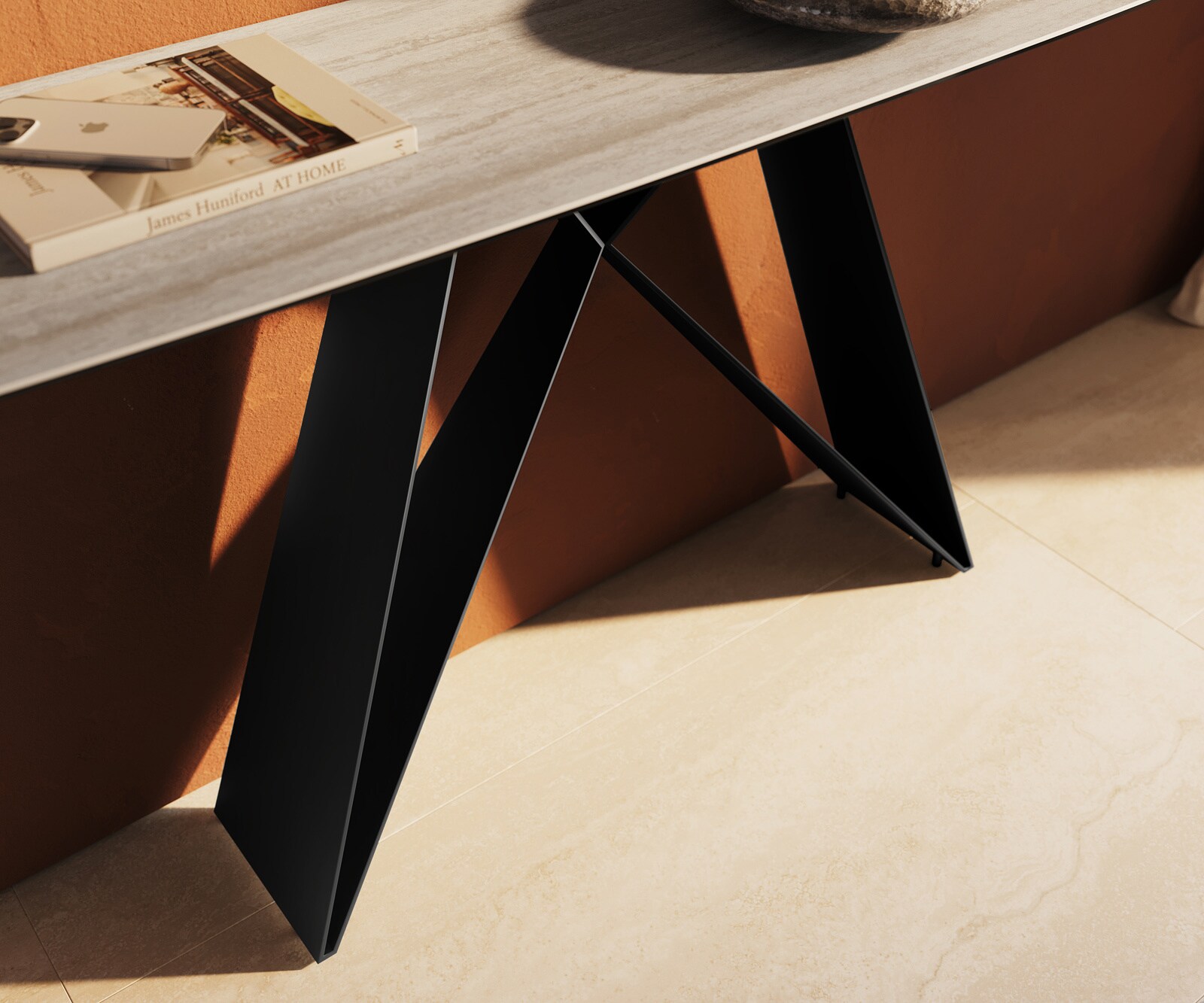 Console Edge forme bateau 180x40 cm Céramique Laminam® Travertino Bianco Creme-Weiß Velio Métal Noir 6