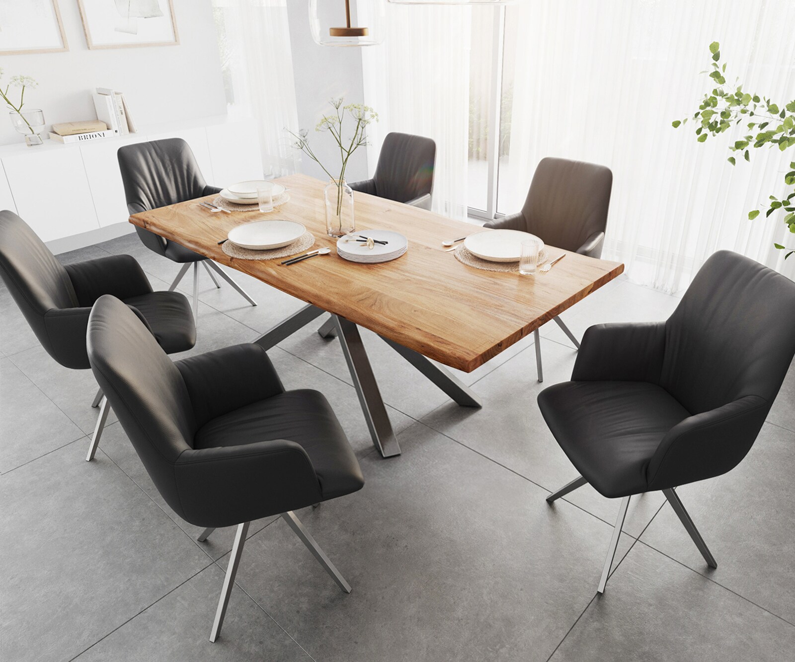 Table à manger Edge 200x100 acacia nature cadre croisé rectangle acier inoxydable Live-Edge 6