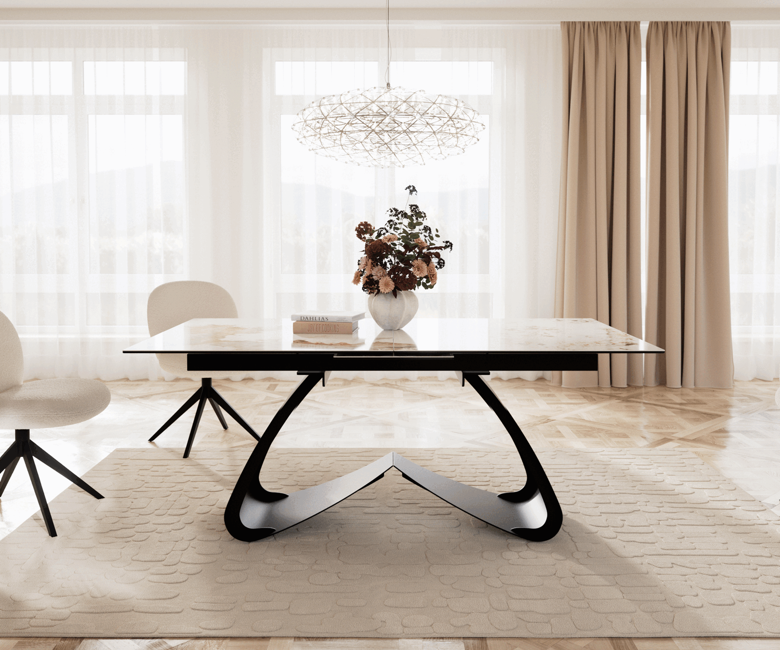 Table à manger Edge 180-220x100 céramique Minas mélange blanc-beige cadre en W noir extensible 2