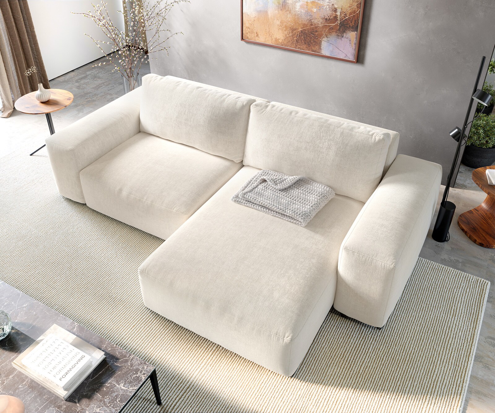 Canapé d'angle Lanzo 230x155 cm Tissu texturé doux Beige Méridienne modulable avec pouf 4