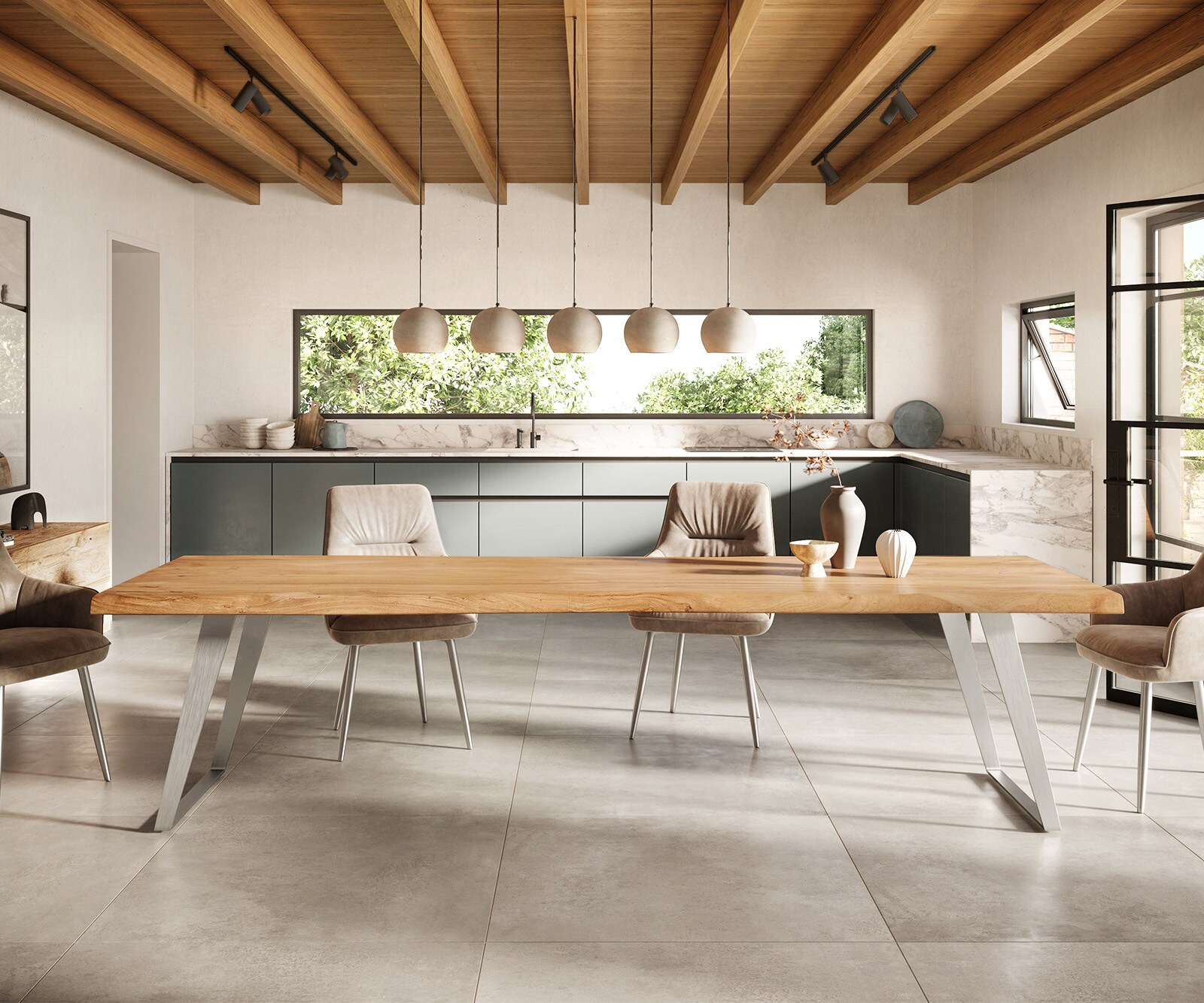 Table-à-manger Edge 300x100cm XL acacia nature acier inoxydable argent incliné Live-Edge 2
