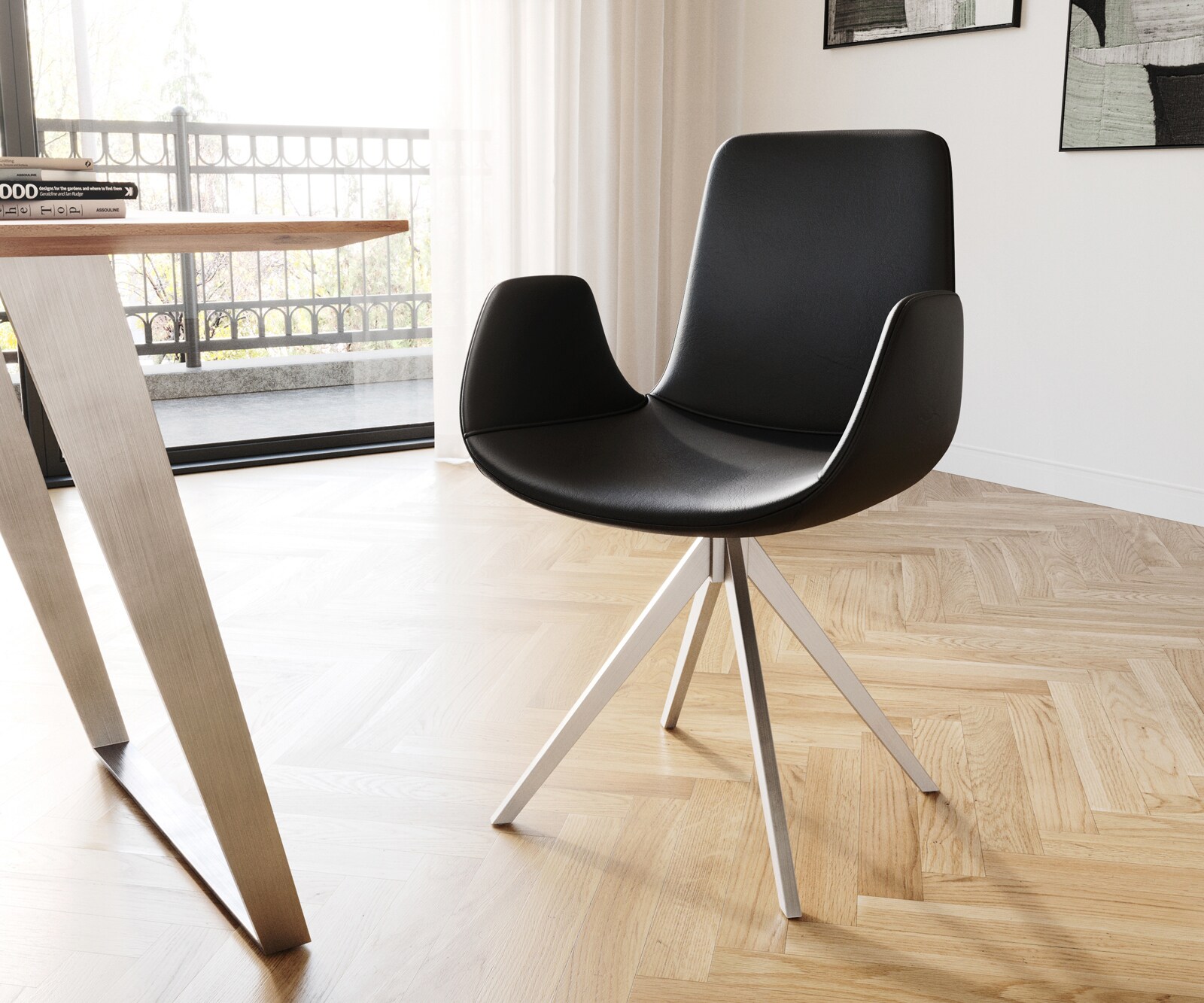 Chaise-de-salle-à-manger Ilia-Flex avec accoudoirs cuir de vache noir pied croisé angulaire acier inoxydable brossé