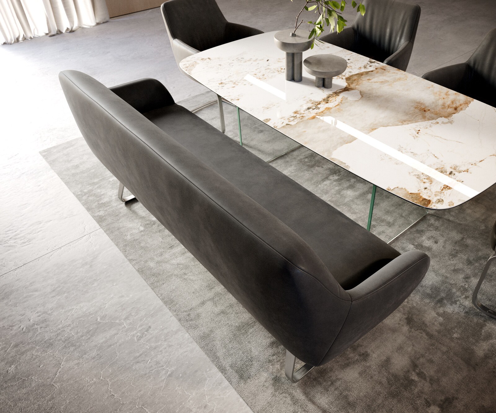 Banc-de-salle-à-manger Taya-Flex 200 cm microfibre antracite vintage châssis à patins plat acier inoxydable ressort ensaché 3