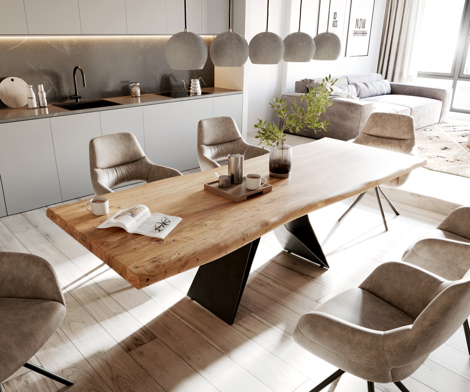 Table à manger Edge 260x100 XL acacia nature cadre en V acier plat noir Live-Edge