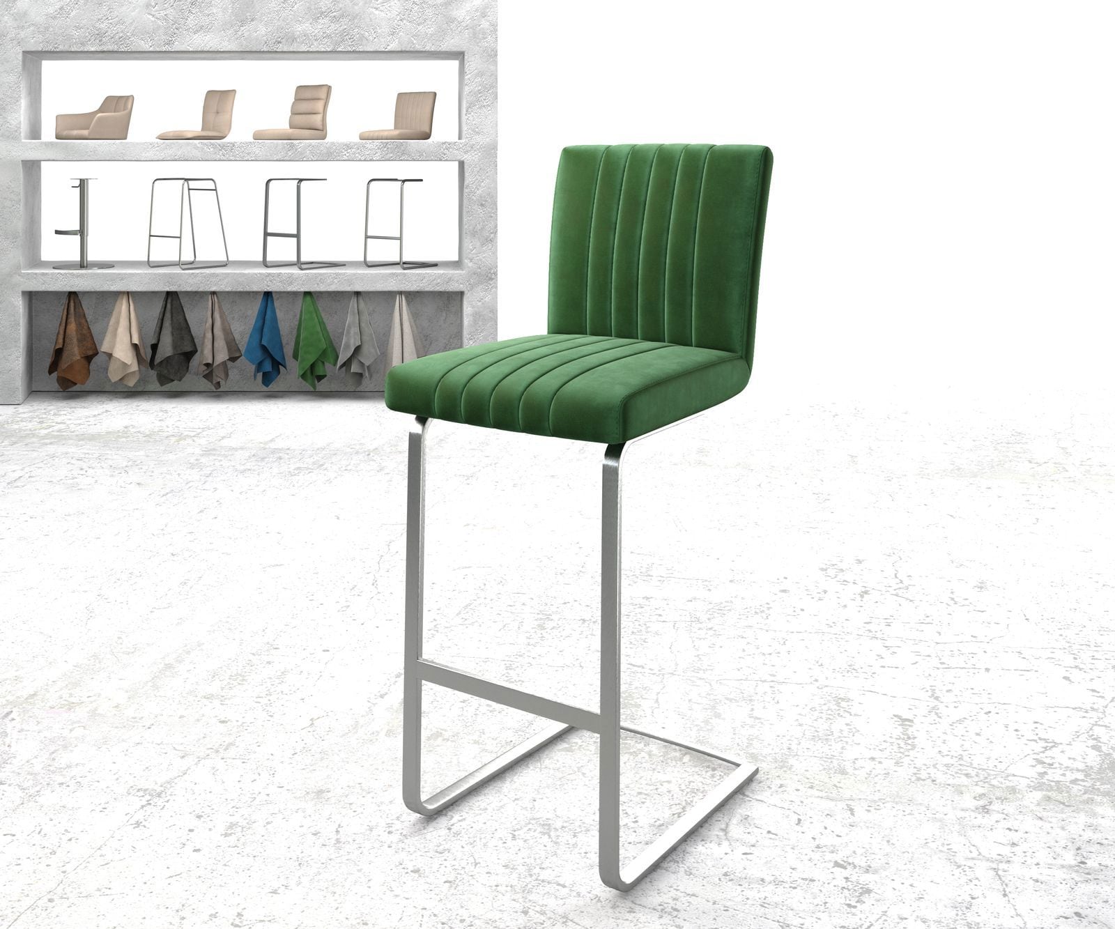 Chaise-de-bar Luiga-Flex velours vert chaise cantilever acier plat inoxydable Chaise-de-bar Luiga-Flex velours vert chaise cantilever acier plat inoxydable