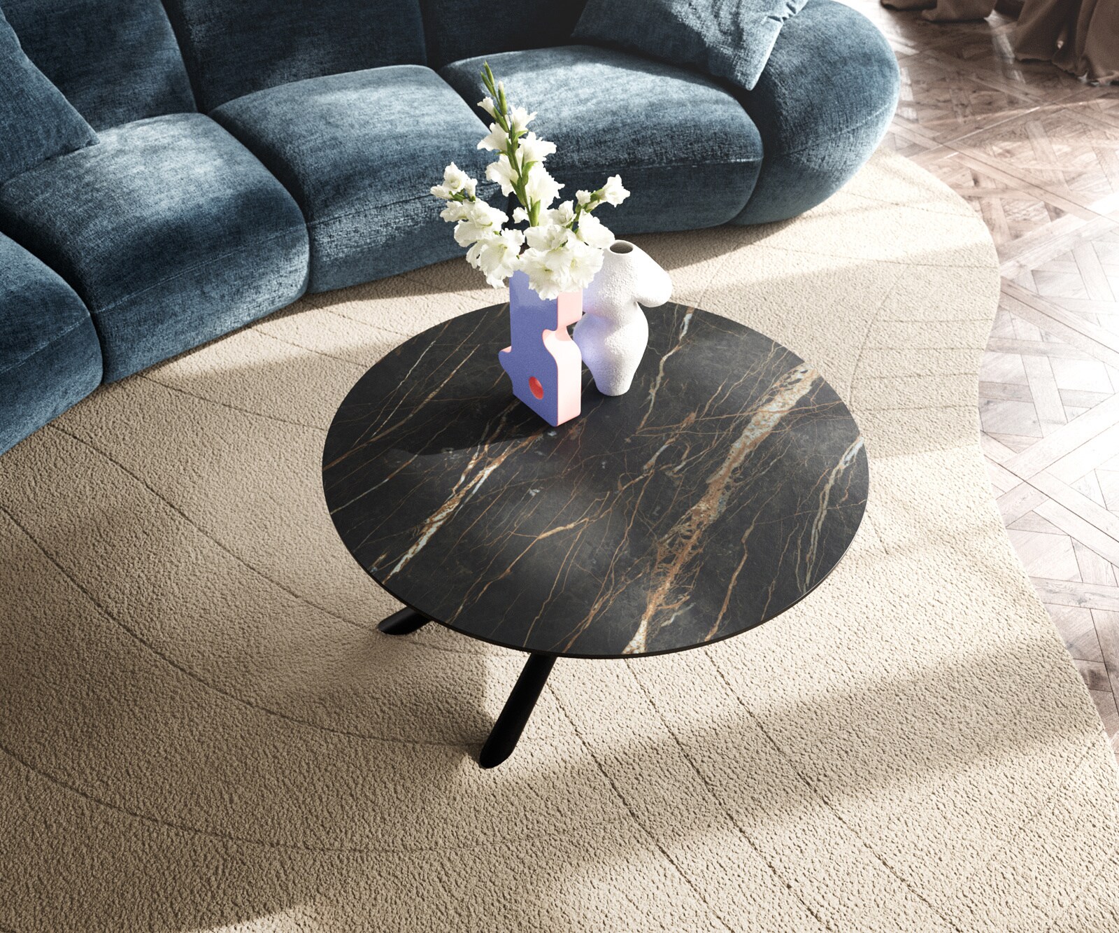 Table basse Edge rond 90x90 cm céramique Laminam® Noir Desir brun Sarity métal noir 3