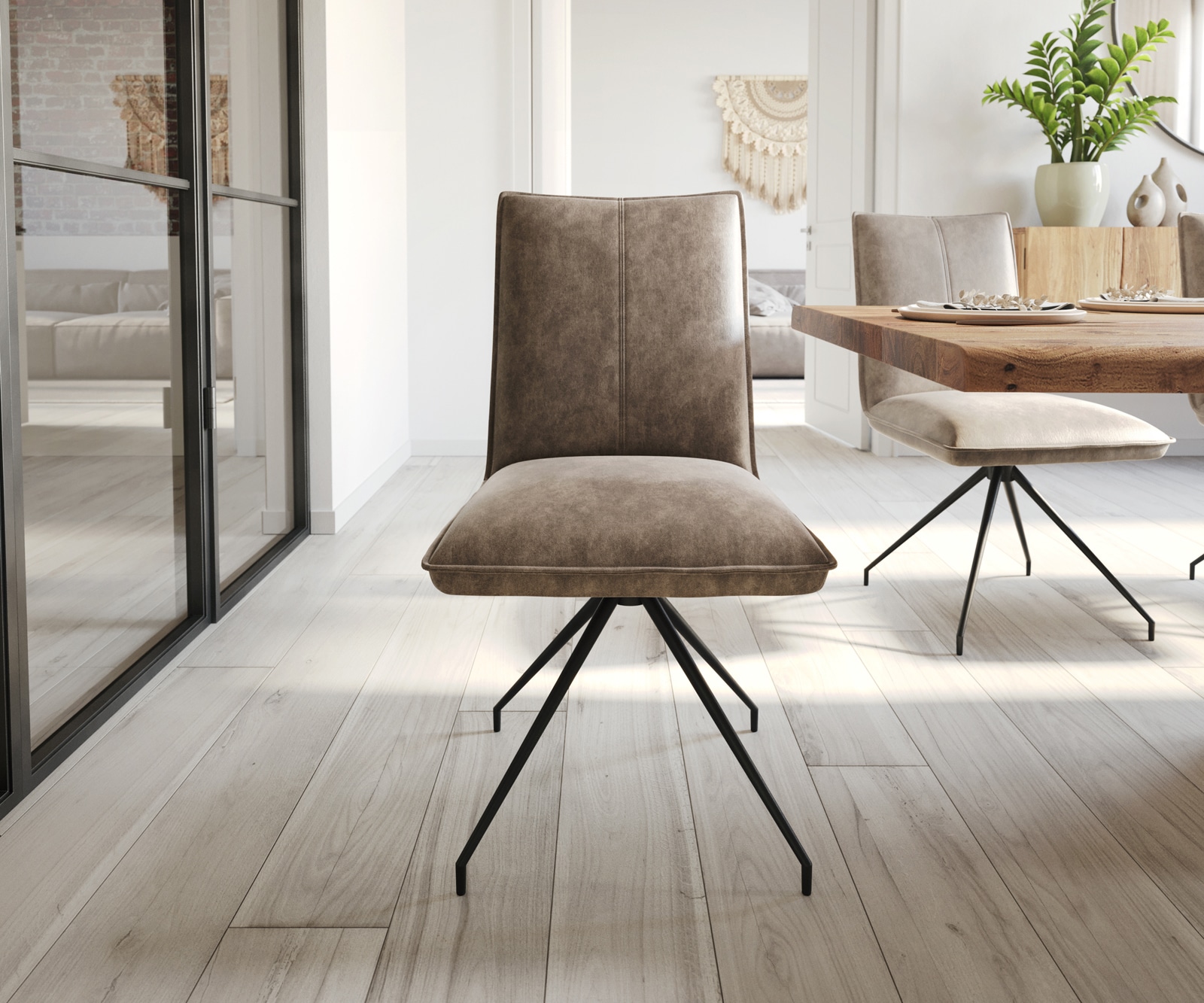 Chaise-de-salle-à-manger Lelio-Flex microvelours taupe vintage pied croisé conique noir ressorts ensachés 1 Chaise-de-salle-à-manger Lelio-Flex microvelours taupe vintage pied croisé conique noir ressorts ensachés 1