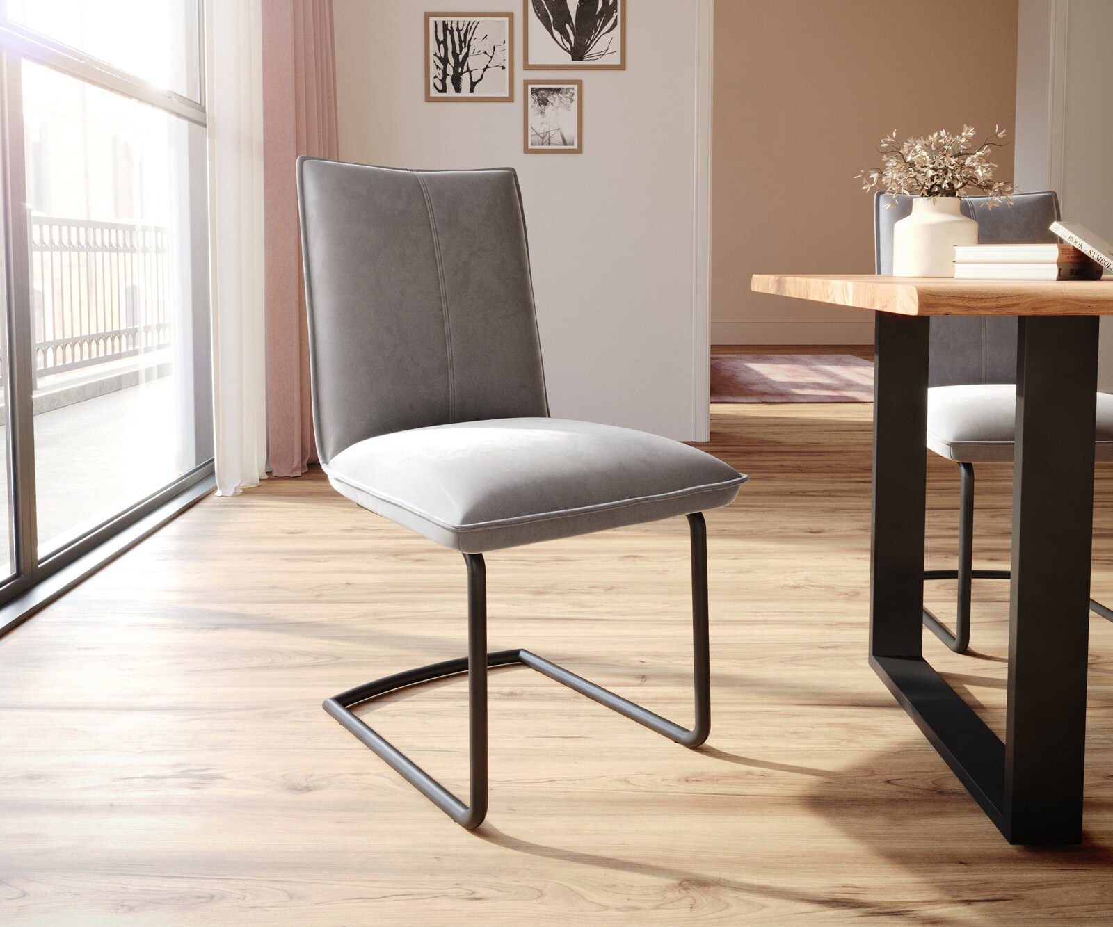 Cantilever Lelio-Flex velours gris pied cantilever rond noir ressorts ensachés
