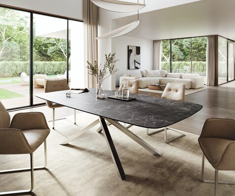 Table à manger Edge Boot 260x120 cm Céramique Laminam® Nero Greco Anthracite piètement en croix Rectangle Acier inoxydable