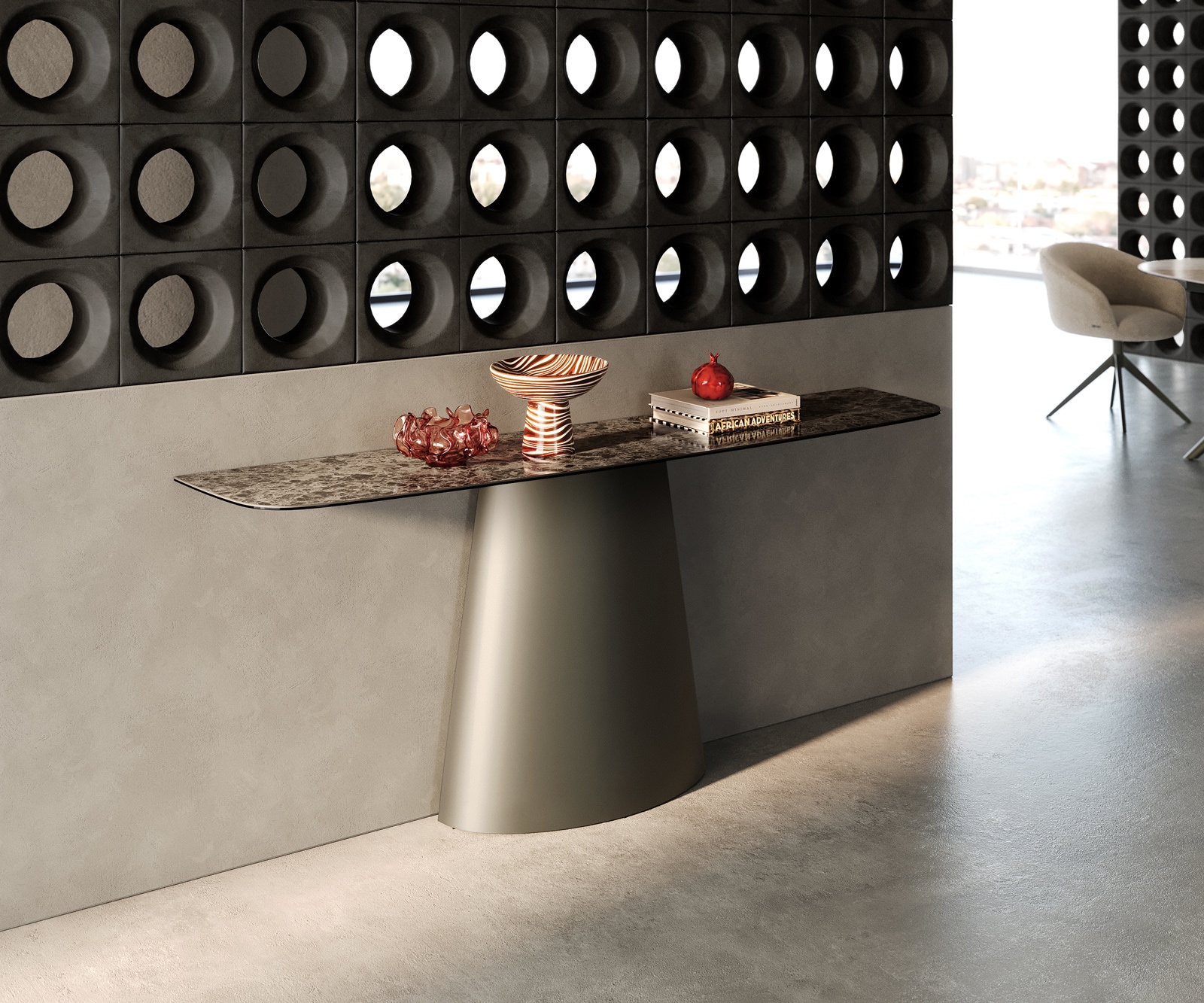 Console Edge forme bateau 180x40 cm Céramique Emperador Extra Lucidato Dunkelbraun Conos Métal Effektfinish Titan 1