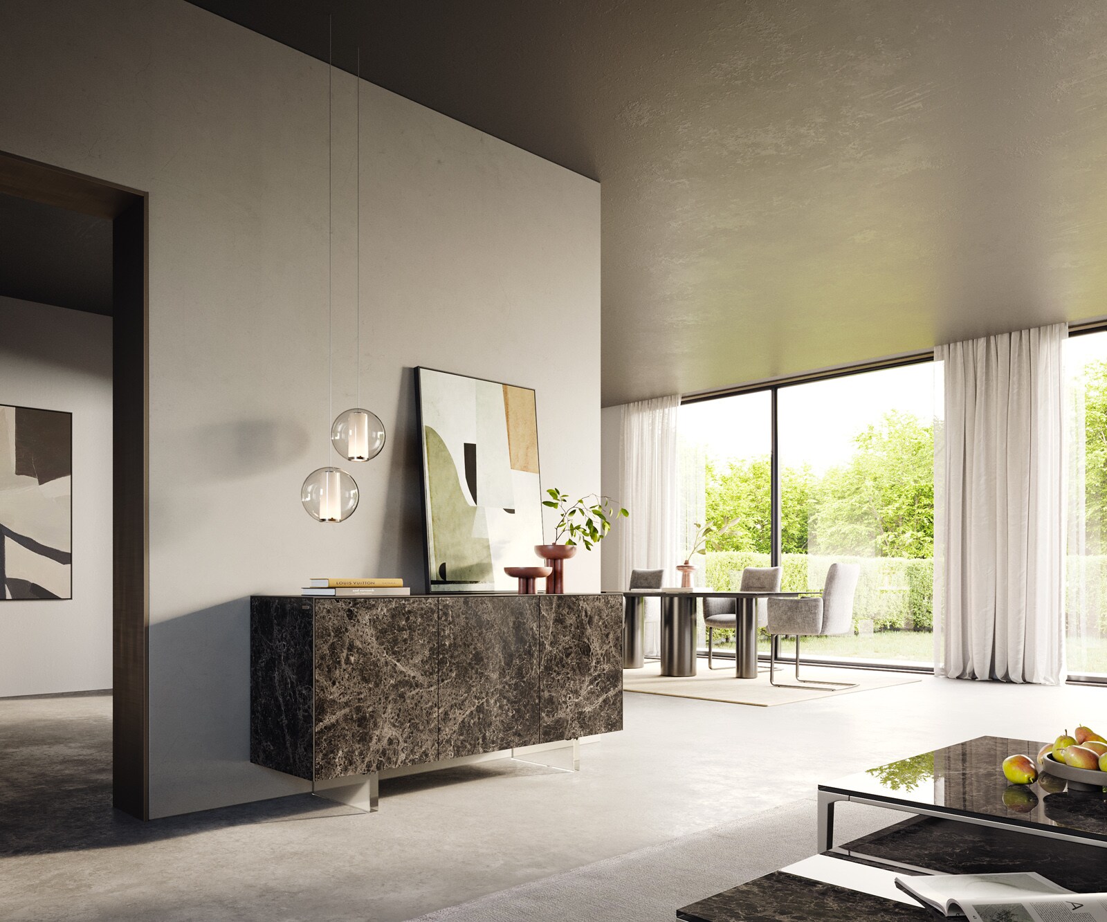 Buffet Cuor 150 cm Céramique Emperador Extra Lucidato brun foncé 3 Portes Pied optique flottant Verre acrylique 7