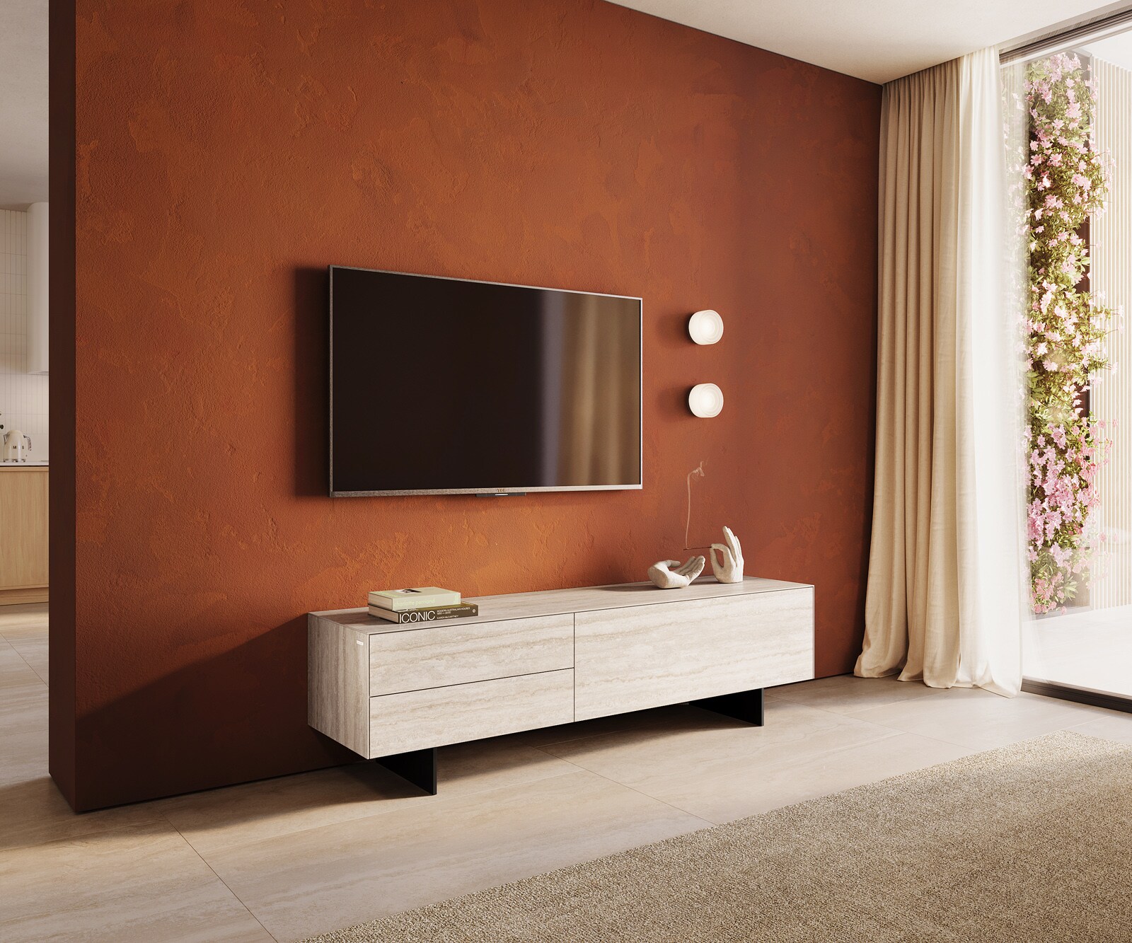 Meuble-TV Cuor 180 cm Céramique Laminam® Travertino Bianco Crème-blanc 1 Clapet 2 Tiroirs Pied optique flottant Métal Noir