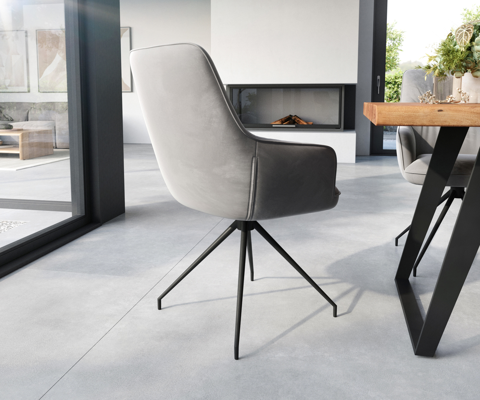 Chaise-de-salle-à-manger Zelia-Flex avec accoudoirs velours gris pied croisé conique noir ressorts ensachés 5