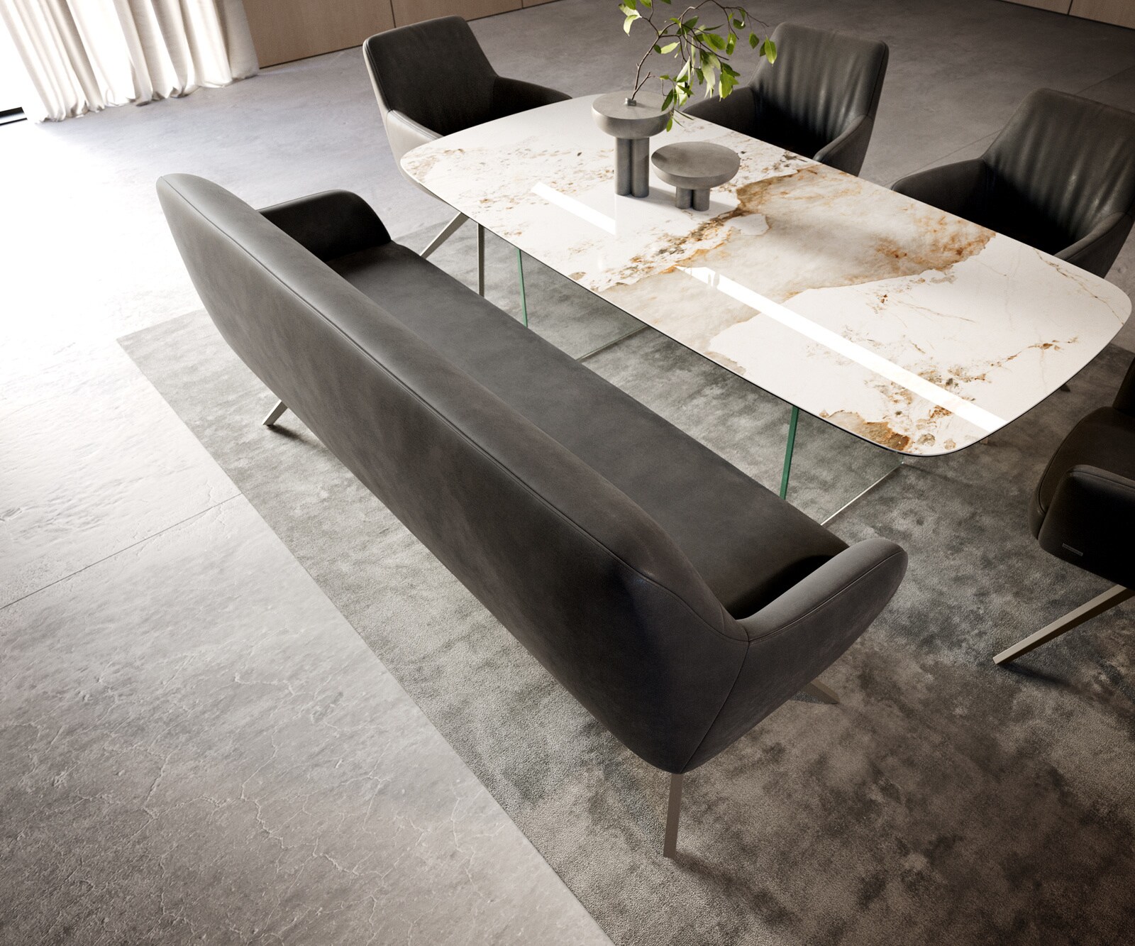 Banc-de-salle-à-manger Taya-Flex 200 cm microfibre antracite vintage pied croisé angulaire titane ressort ensaché 3