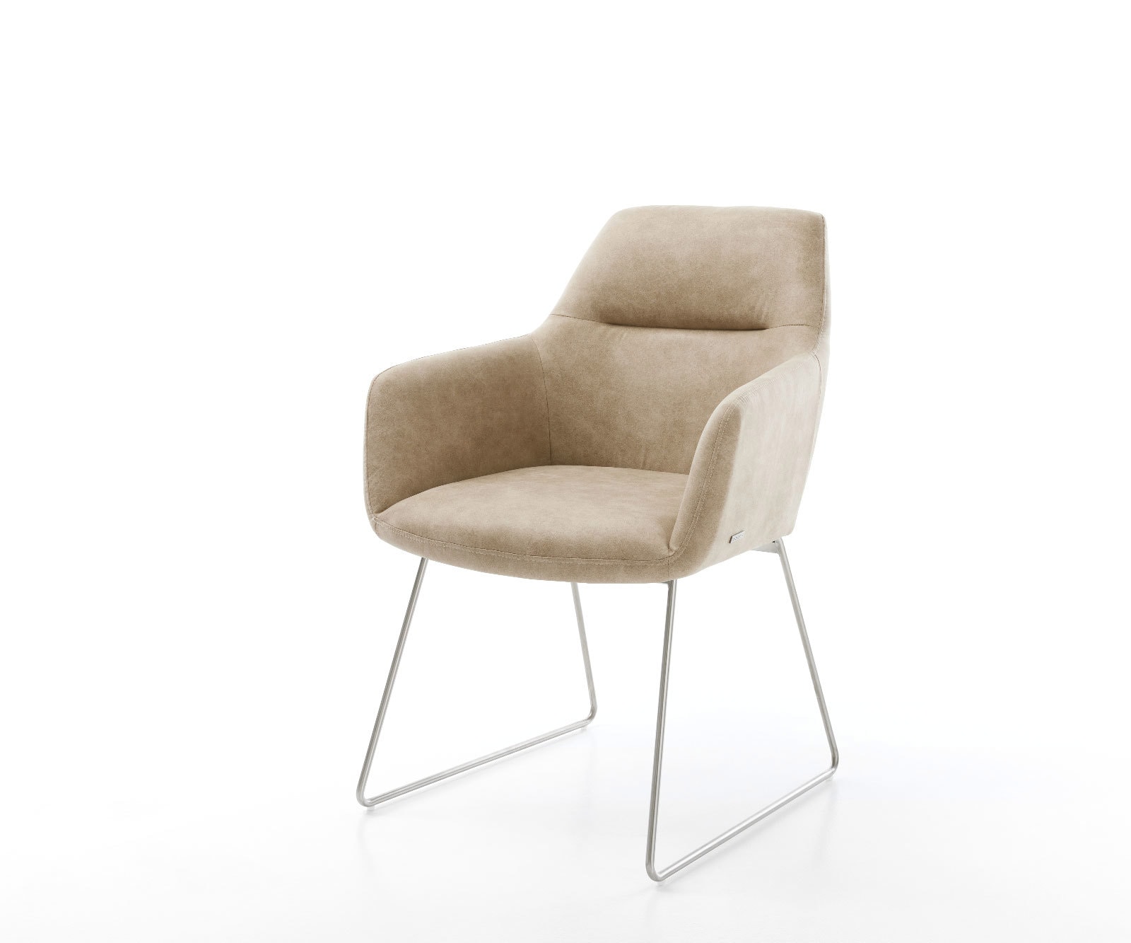 Chaise-de-salle-à-manger Pejo-Flex microvelours beige vintage pied trapèze acier inoxydable brossé ressorts ensachés Chaise-de-salle-à-manger Pejo-Flex microvelours beige vintage pied trapèze acier inoxydable brossé ressorts ensachés