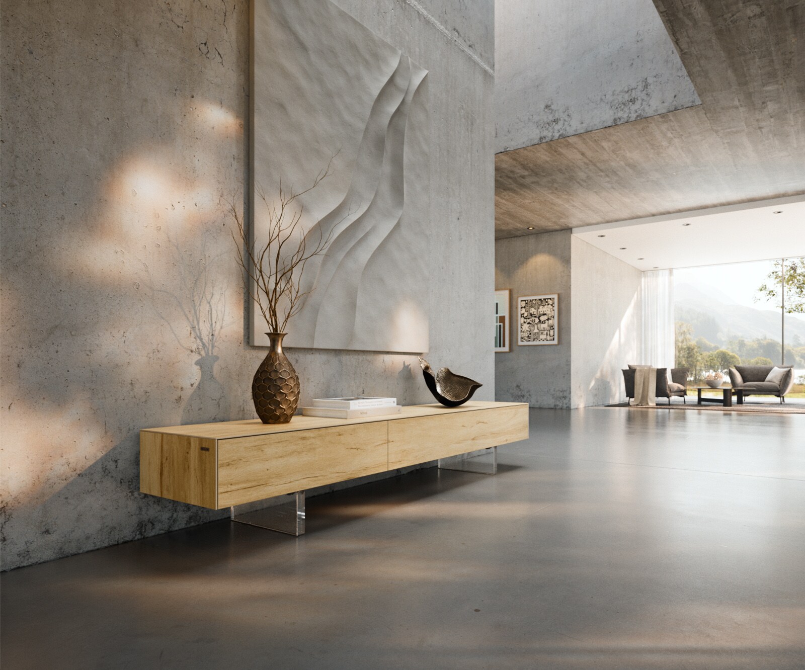 Meuble-TV Cuor 200 cm Céramique Laminam® Sabbia Teinte chêne 1 Clapet 1 Tiroir Pied optique flottant Verre acrylique