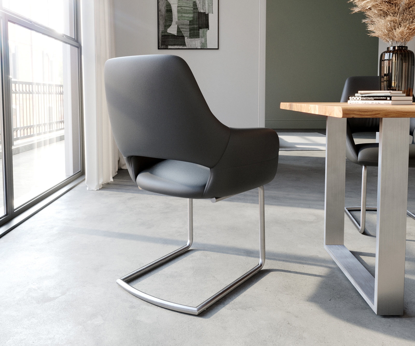 Cantilever Yago-Flex avec accoudoirs cuir de vache noir pied cantilever rond acier inoxydable brossé ressorts ensachés 4 Cantilever Yago-Flex avec accoudoirs cuir de vache noir pied cantilever rond acier inoxydable brossé ressorts ensachés 4