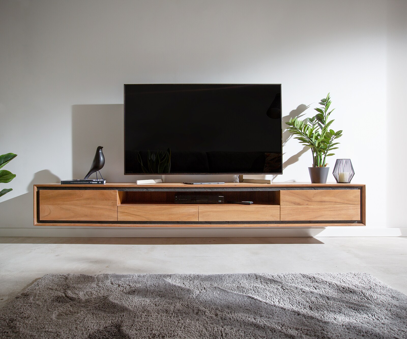Meuble-TV Stonegrace 240 cm acacia nature 2 portes 1 compartiment 2 tiroirs placage en pierre flottant 1