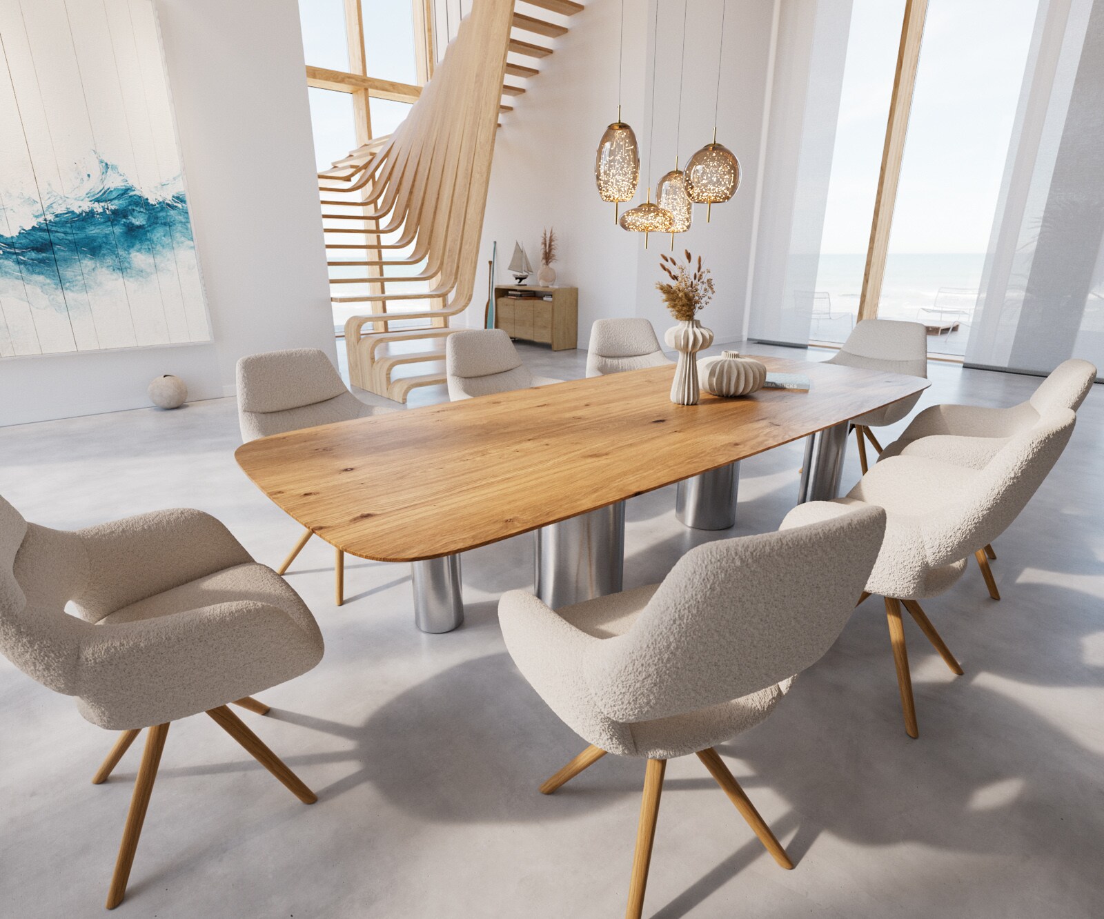 Table à manger Edge Boot 300x120x2,5-3 Chêne Nature Pilier Acier inoxydable brossé Bord suisse 5