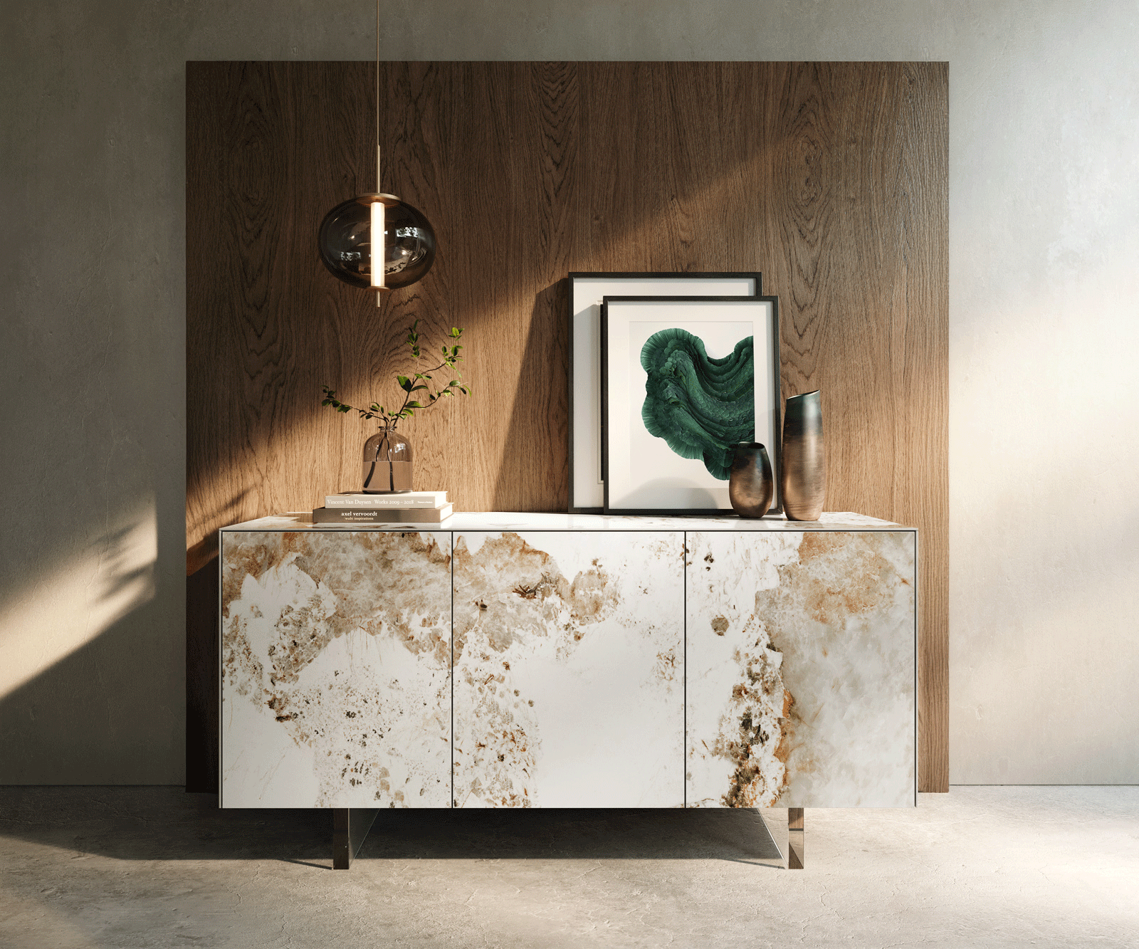 Buffet Cuor 150 cm Céramique Minas Melange Blanc-beige 3 Portes Pied optique flottant Verre acrylique 1