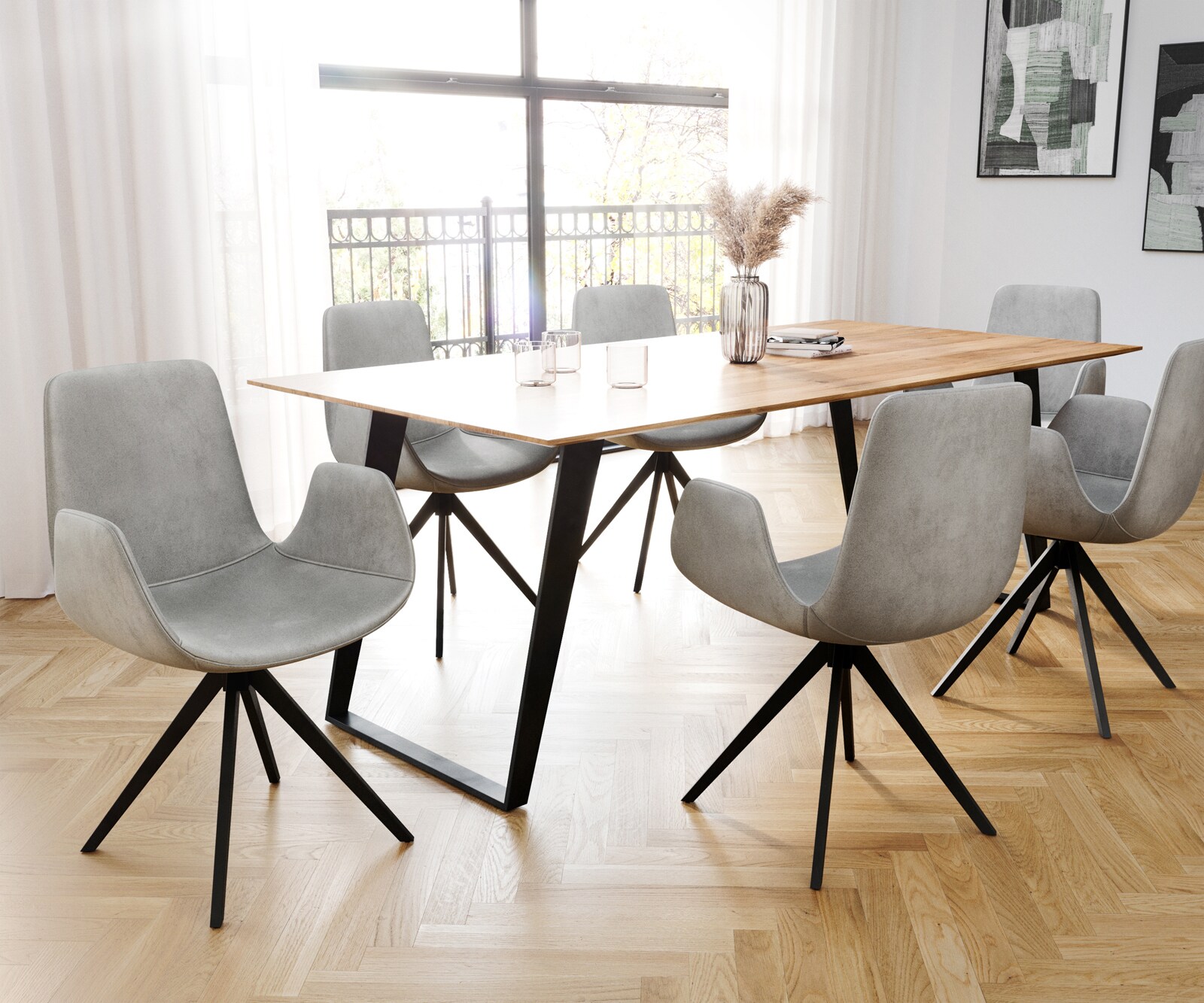 Chaise-de-salle-à-manger Ilia-Flex avec accoudoirs velours gris pied croisé angulaire noir 3 Chaise-de-salle-à-manger Ilia-Flex avec accoudoirs velours gris pied croisé angulaire noir 3