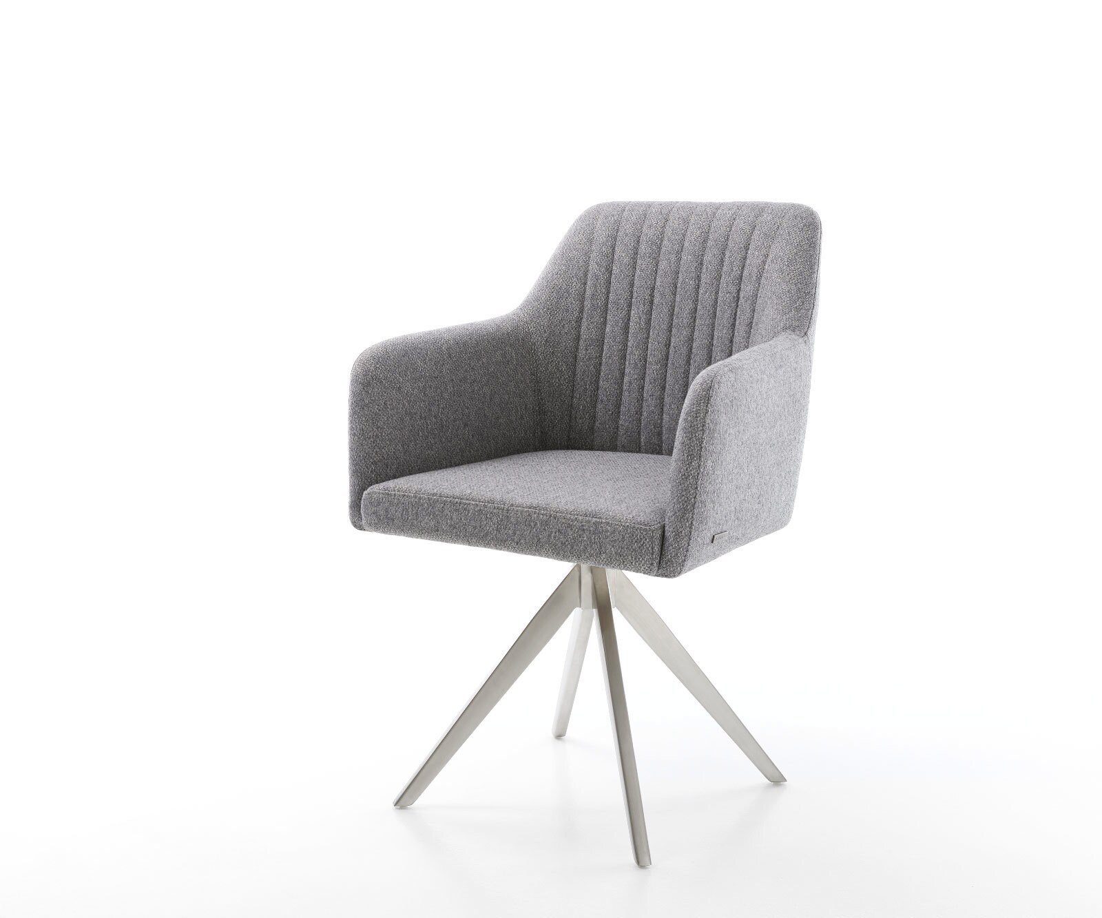 Chaise-de-salle-à-manger Greg-Flex tissu texturé gris clair pied croisé angulaire acier inoxydable brossé ressorts ensachés